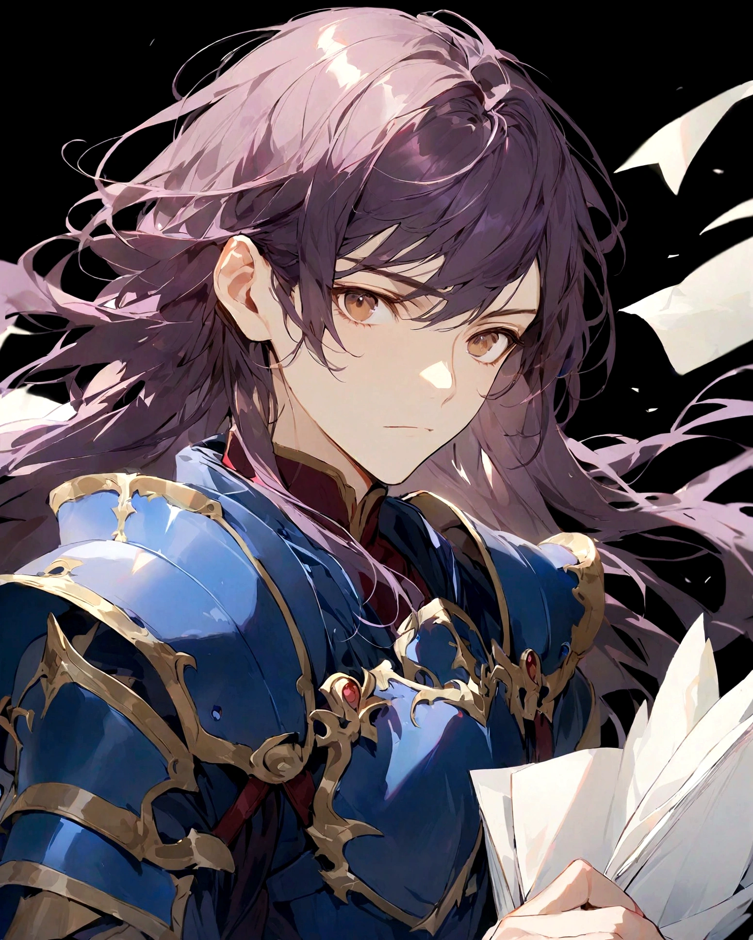 solo, long hair, looking at viewer, 1boy, holding, brown eyes, closed mouth, upper body, purple hair, male focus, armor, black background, paper, holding paper