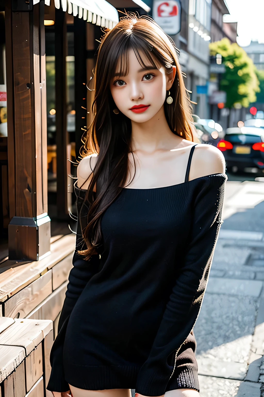 Beautiful 24 year old woman, Popular Models,Off the shoulder,Knit dress,In town,slender, Illuminates the whole body, Knee-high socks,Beautiful double eyelids,Earrings, bracelet