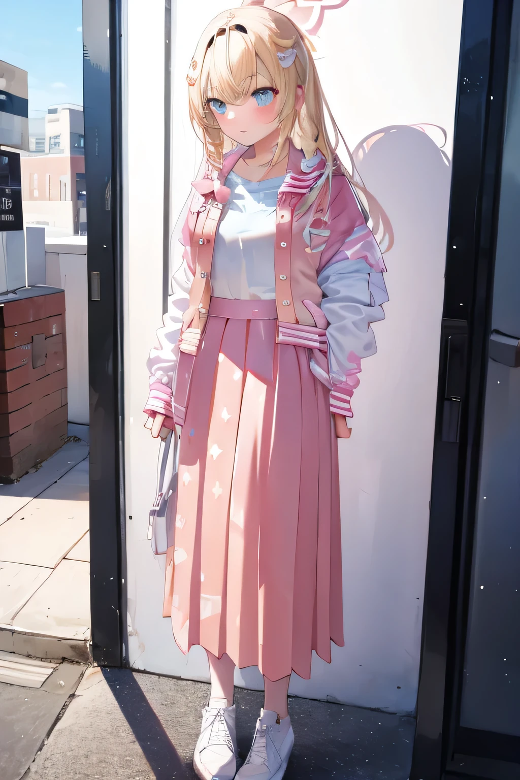 pink letterman jacket, pink long skirt, full body