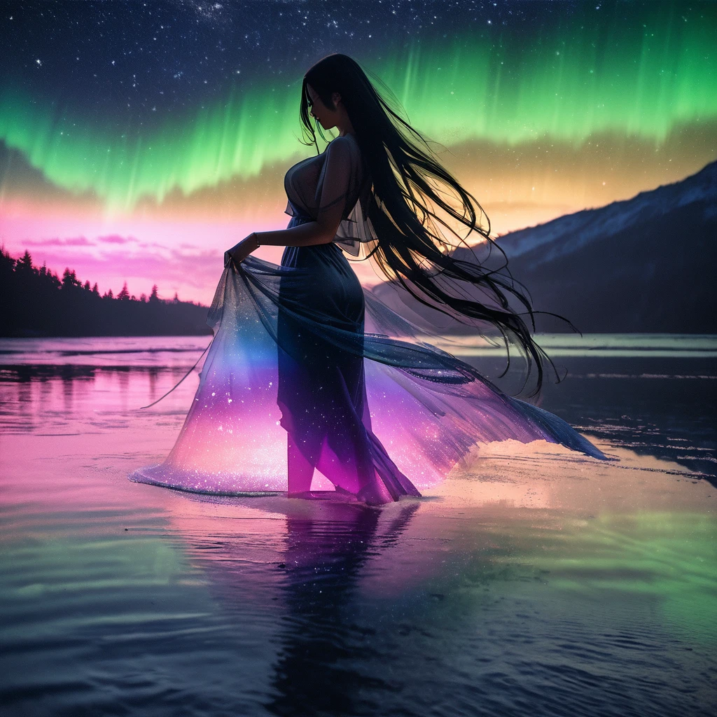 RAW Photos:1.2, masterpiece, highest quality, 16k, Unbelievably absurd, Very detailed, Perfect beauty, (Double exposure vibrant color silhouette:1.3), (Brightly colored overlapping silhouettes:1.2), (Water world photo landscape), Diamond dust, Starry sky with aurora, A flowing, sheer dress, Long flowing hair, (lake:1.2), (Realistic photo scenery), (Starlight), (Dancing Girl), Portraiture
