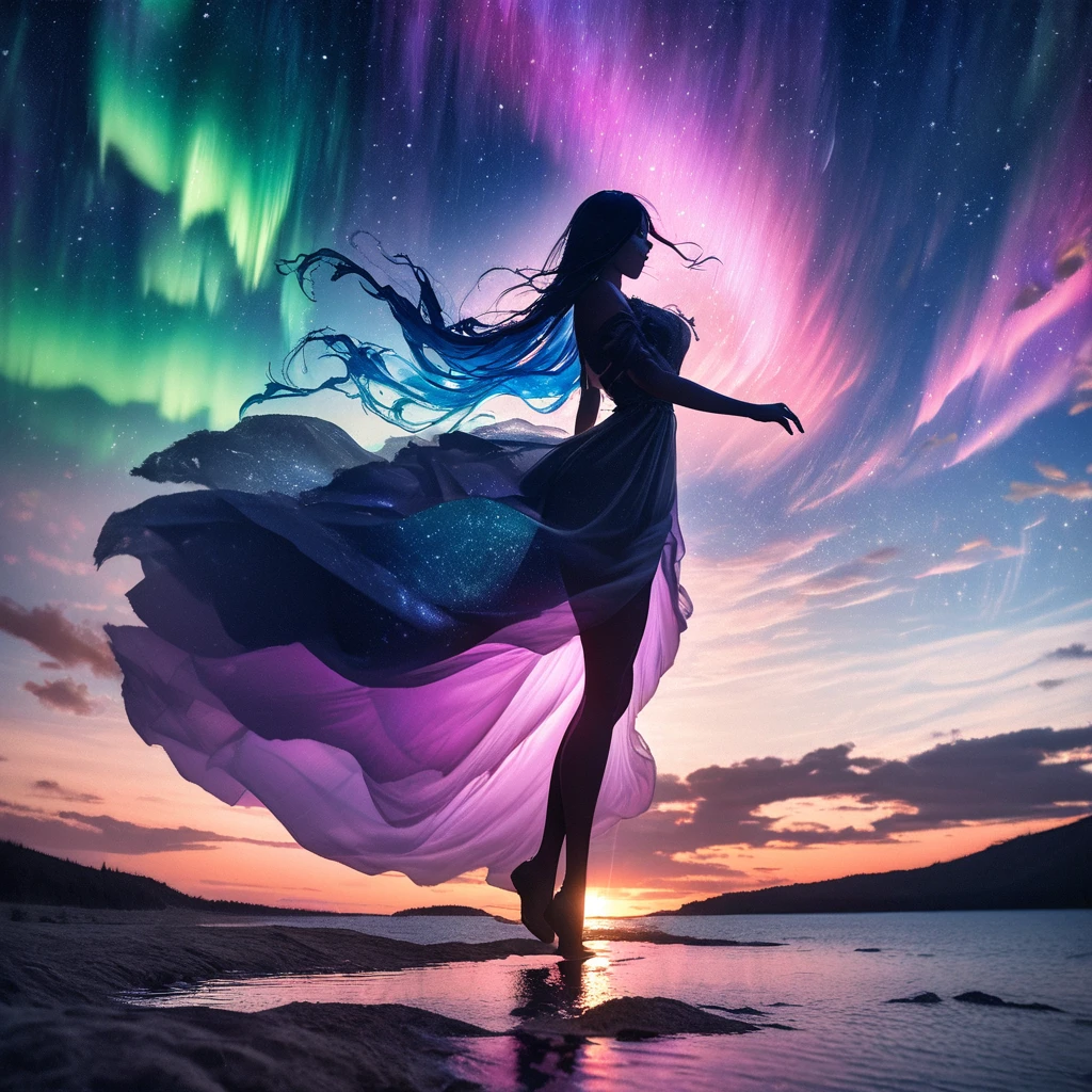 RAW Photos:1.2, masterpiece, highest quality, 16k, Unbelievably absurd, Very detailed, Perfect beauty, (Double exposure vibrant color silhouette:1.3), (Brightly colored overlapping silhouettes:1.2), (Water world photo landscape), Diamond dust, Starry sky with aurora, A flowing, sheer dress, Long flowing hair, (lake:1.2), (Realistic photo scenery), (Starlight), (Dancing Girl), Portraiture