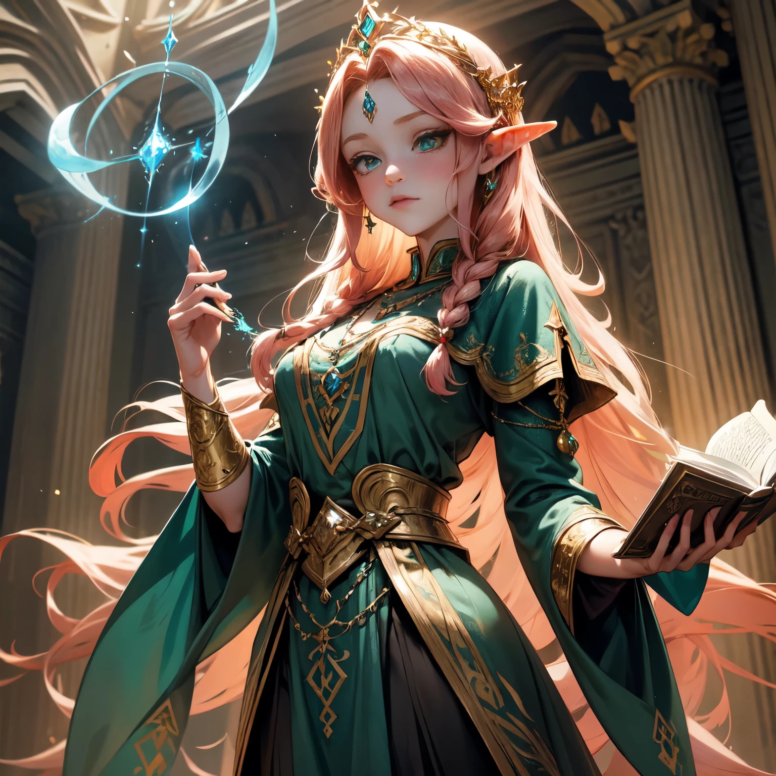 Create an 8K ultra HD digital image of a beautiful red-haired princess with elven features, vestindo trajes da realeza, inside a majestic castle hall. A princesa possui cabelo longo e ruivo flamejante, with intricate braids intertwined with gold threads, orelhas pontudas, pale skin and bright green eyes. She is dressed in a deep blue silk royal gown with gold and silver details., Adorned with magical jewels that glow softly. Ela usa uma tiara de ouro com pedras preciosas, thin bracelets on the wrists and a necklace with a magical amulet. The princess is in an elegant posture, holding an ancient book covered with glowing runes that float slightly above the pages, emanating a magical aura that envelops her in an ethereal glow. The castle's great hall has high ceilings, crystal chandeliers and stained glass windows that filter the morning sunlight into colorful hues. A luz suave do sol matinal entra pelas janelas, combining with the magical bluish light emanating from the artifacts in the room. The room is adorned with tapestries and luxurious furniture., including a carved wooden table with elven details, velvet-upholstered chairs and shelves filled with antique books and magical artifacts. Sobre a mesa, there's a magic wand in a silver holder, um espelho encantado na parede que mostra reflexos alternativos, e uma esfera de cristal flutuando sobre um pedestal com energia pulsante dentro. Ao longo das paredes, an elven sword with a shining blade is exposed, a shield adorned with ancient symbols and richly detailed armor. The image should capture an enchanting and mystical atmosphere, with meticulous attention to detail, texturas ricas e profundidade nas cores.