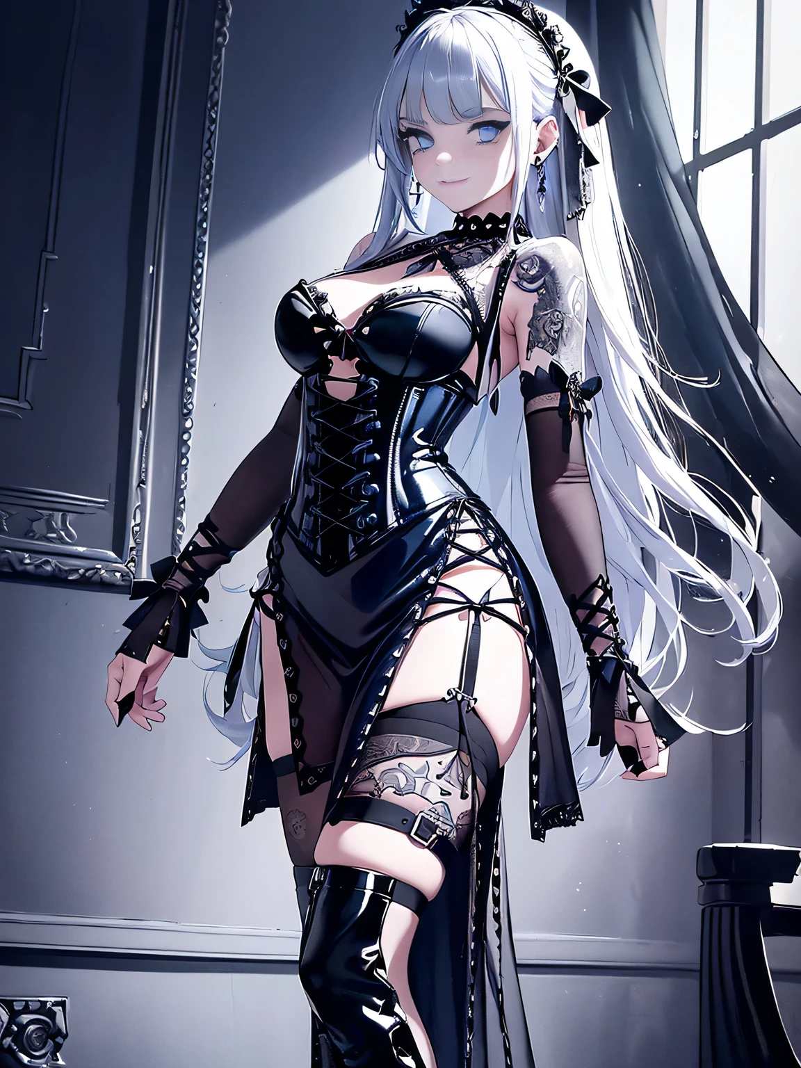 high resolution、8k、oil、1 Girl、18 years old、solo、Slim body、Gothic Lolita Fashion、Gothic Western-style buildingのホールに立っている、Cowboy Shot、Watching the audience、(Blue Eyes、Slit eyes、Dark eyeshadow:1.3)、Silver straight long hair、Trimmed bangs、Smile、Ear piercing、choker、((Black and white gothic corset dress、Gothic decorated dress、Tulle lace、Black Ribbon、Tattoo on arm、bandage、Torn striped stockings、Patent leather high heel boots))、((Gothic Horror、Terror、skull、Rose、Gothic Western-style building、Murder scene))、Dynamic Angle、