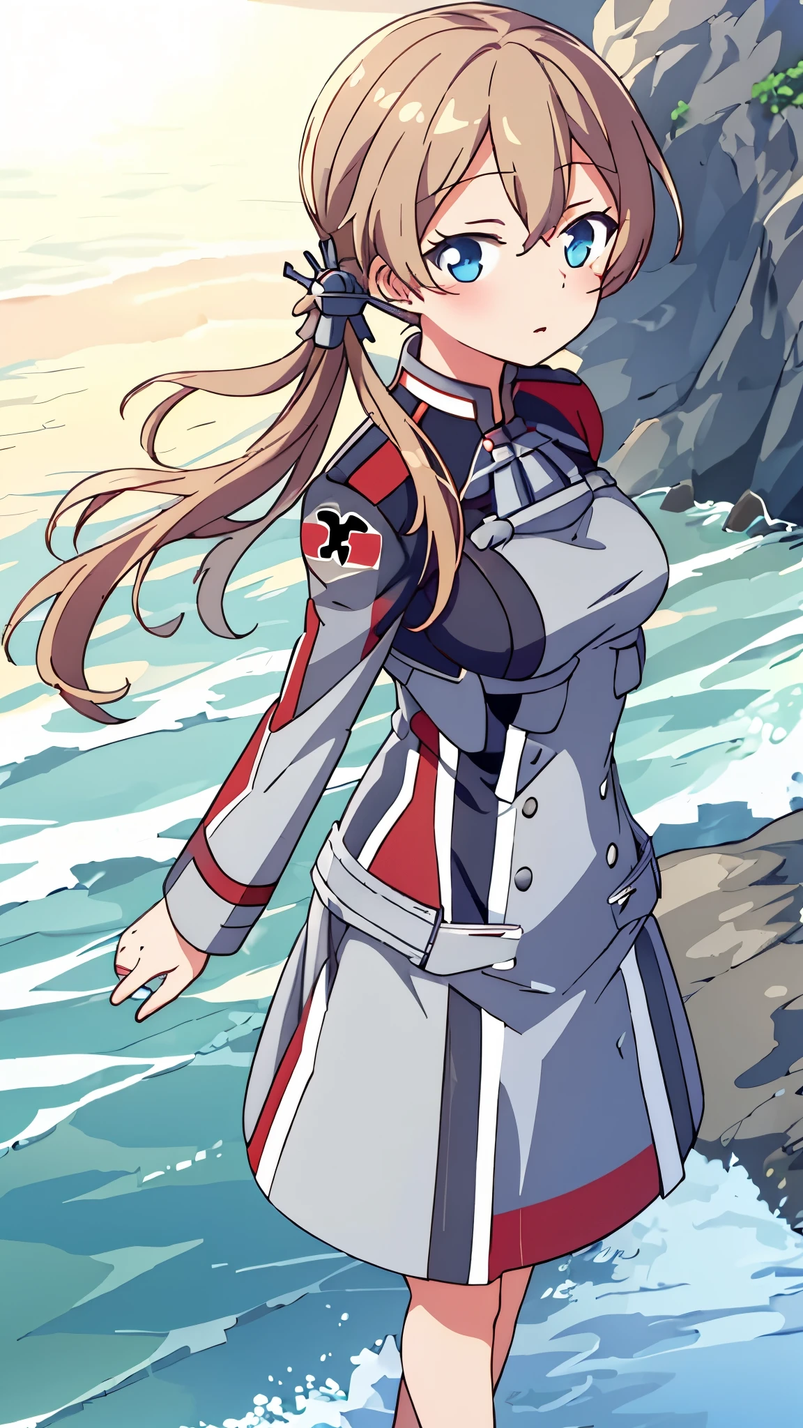 1girl, masterpiece, best quality, wallpaper, standing beside the sea, brown hair, ponytails, German military uniform, prinz eugen, fleet style
