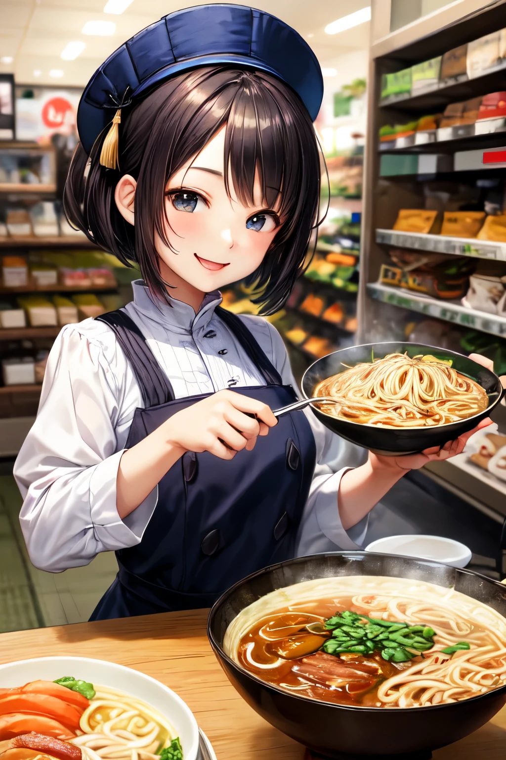 ramen、、Mouth open、Holding a fork、Black Hair、Short Bob、Gothic Lolita、Hands on the vessel、smile、Smiling、Inside the store、A person is stretching noodles from a ramen bowl with a fork、