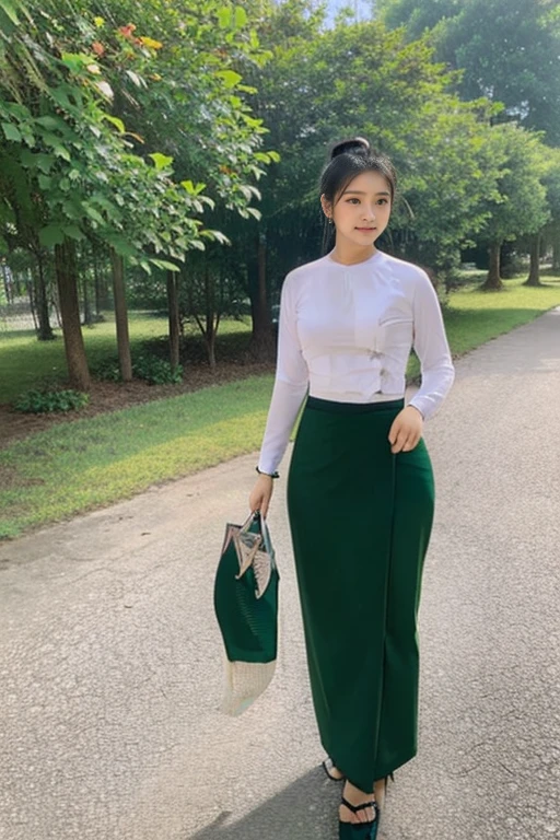 A school teacher is 30years old.Tall, thin, big hips, big breasts, black hair, small lips, brown eyes, attractive, K.Top=white Burmese blouse,With long sleeves,Buttoned at the side.Bottom=(Dark green) long skirt.
Footwear=female Burmese sandals,The hair is knotted bun.