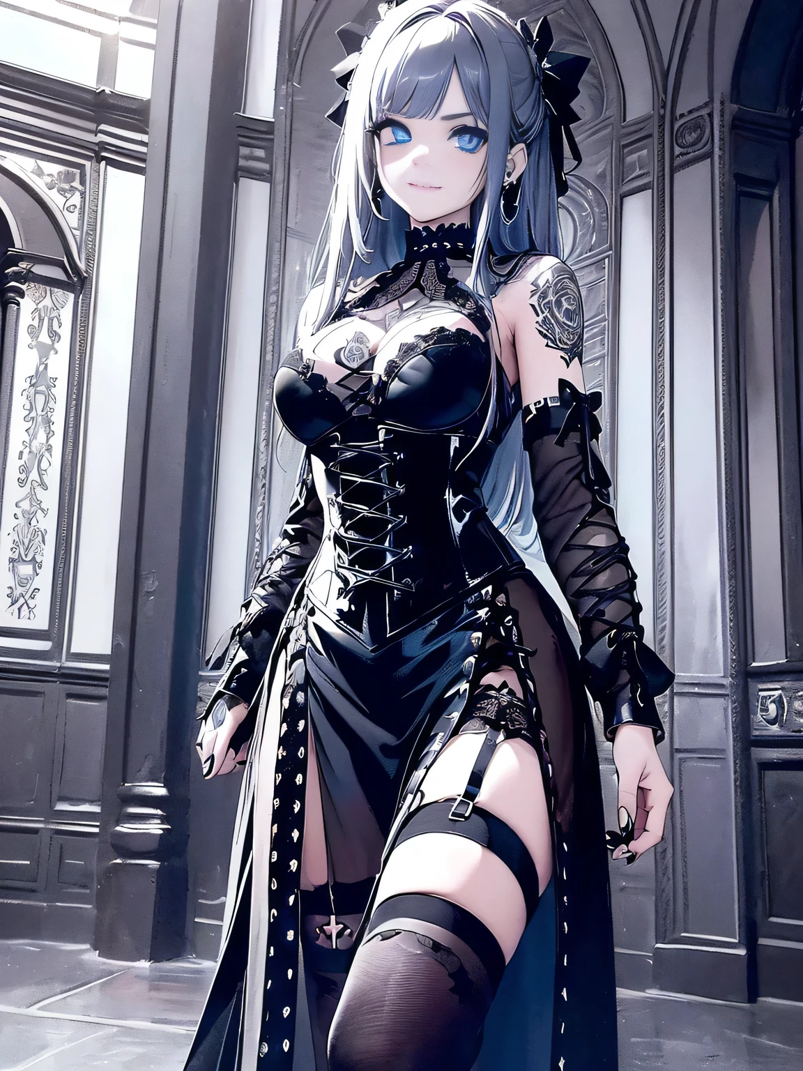 high resolution、8k、oil、1 Girl、18 years old、solo、Slim body、Gothic ****ta Fashion、Gothic Western-style buildingのホールに立っている、Cowboy Shot、Watching the audience、(Blue Eyes、Slit eyes、Dark eyeshadow:1.3)、Silver straight long hair、Trimmed bangs、Smile、Ear piercing、choker、((Black and white gothic corset dress、Gothic decorated dress、Tulle lace、Black Ribbon、Tattoo on arm、bandage、Torn striped stockings、Patent leather high heel boots))、((Gothic Horror、Terror、skull、Rose、Gothic Western-style building、Murder scene))、Dynamic Angle、