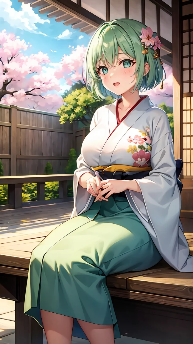 Girl with short green hair, Small breasts, Green Eyes, White Casual Wear Beauty Special、(((tits))),Full body photo from head to toe、Kimono、Patterned Japanese clothing、Cherry tree in full bloom、Fluttering petals、、Graceful Manners、Playing the shamisen、Playing in a Japanese-style room、play a sound、Japanese Instruments、Play a musical instrument