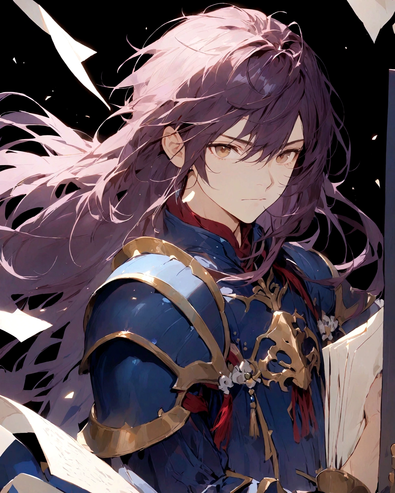 solo, long hair, looking at viewer, 1boy, holding, brown eyes, closed mouth, upper body, purple hair, male focus, armor, black background, paper, holding paper