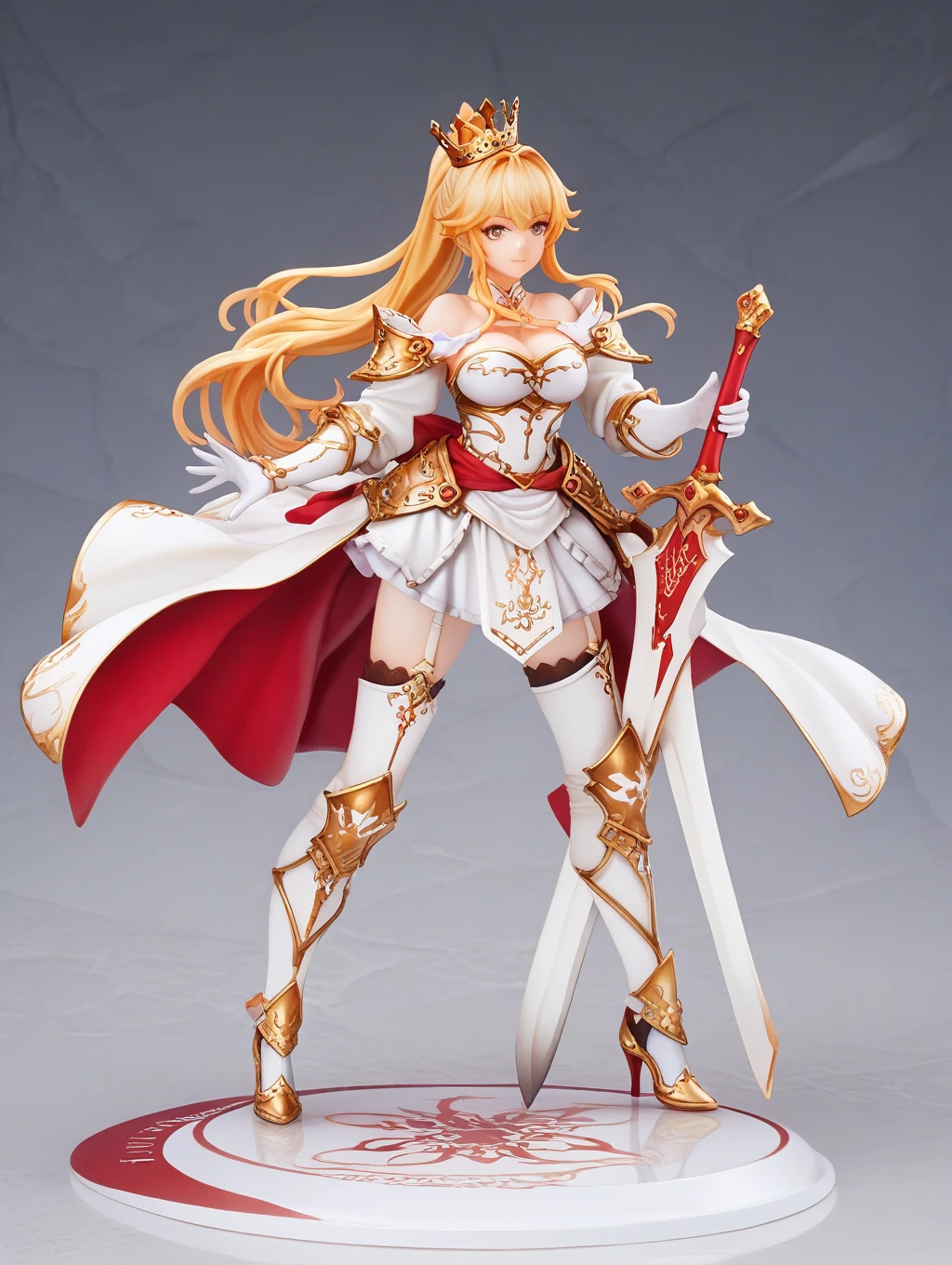 score_9, score_8_up, score_7_up, source_anime,masterpiece, best quality, high resolution, extremely detailed CG, absurdres, 1girl, solo, a girl in armor and a crown holding a large sword, white armor, golden decoration, red_outfit, off-shoulder, thighhighs, long hair, ponytail, blond hair, leg armor, cleavage, crown, gloves, armor, white gloves, high heels, off-shoulder armor, >:)