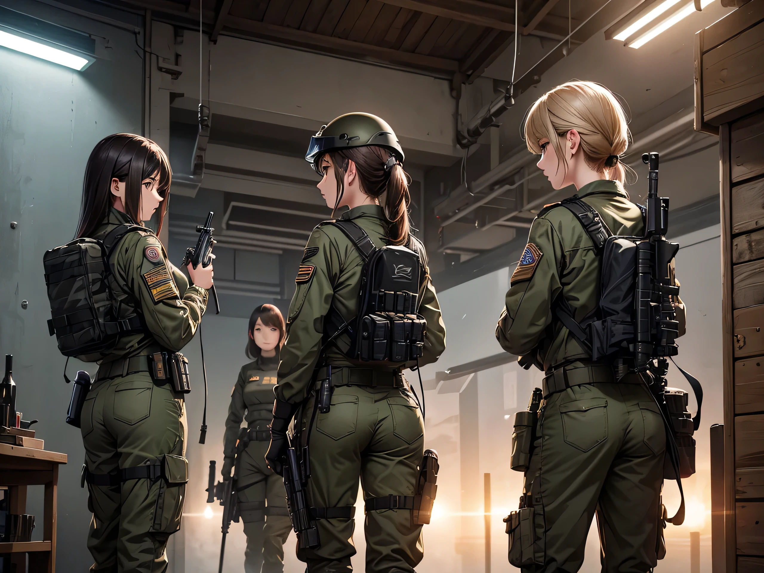 Looking back from behind、Seven-point image、Four female special forces、stand together、back、Put on a helmet、M51 Military Uniform,military trousers、Ammunition belt、Tactical harness、Write details、masterpiece、best quality、Highly detailed CG、8K picture quality、theater lighting、lens flare
