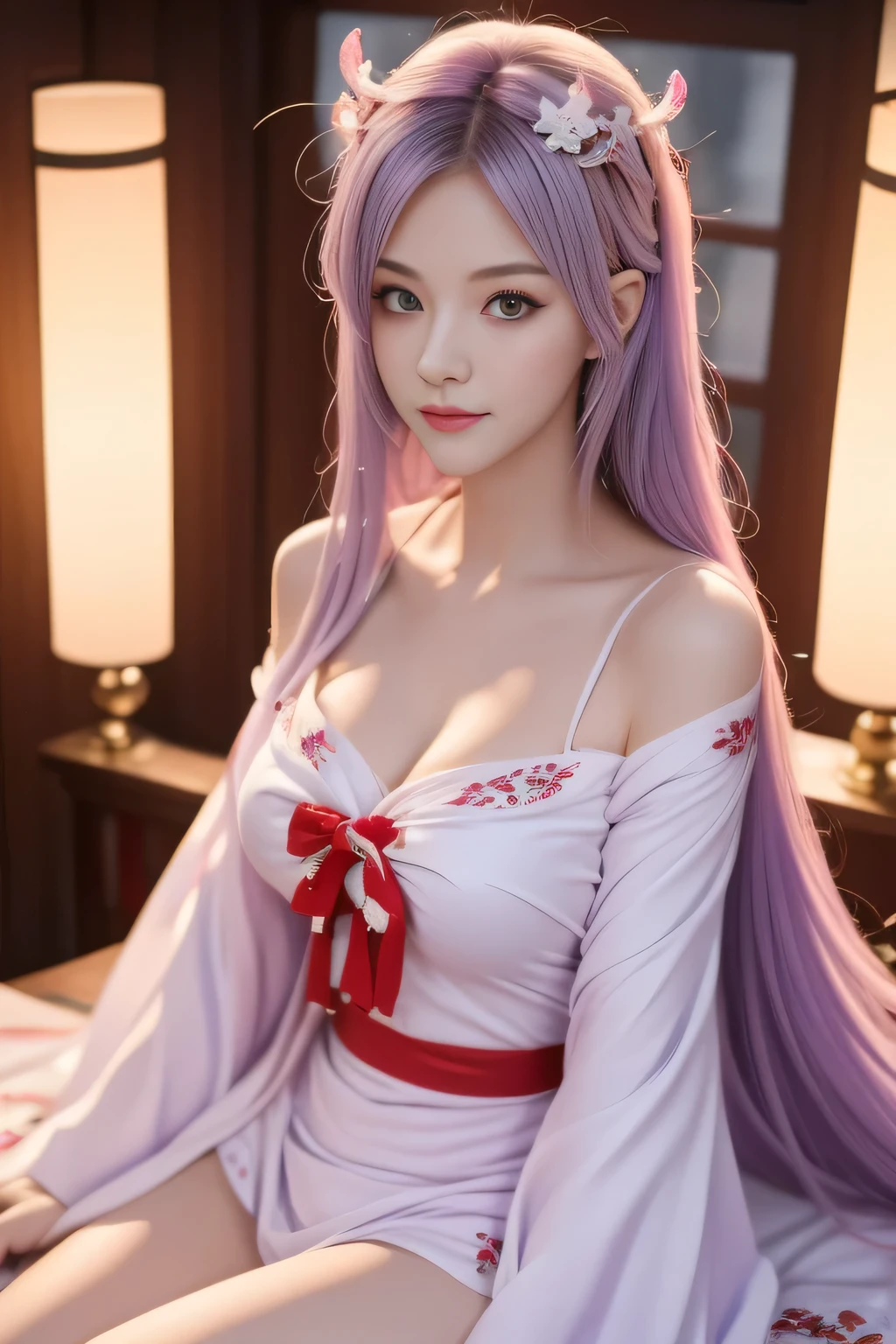 (Highest quality:1.4), High resolution, masterpiece,, One girl,, Light purple hair, Purple eyes, (Kemomimi), Medium chest, Naked thin thighs,, hair ornaments, (red|White Japanese shrine maiden outfit), Removable sleeves,, red面,, lanthanum, shrine,, Detailed face,