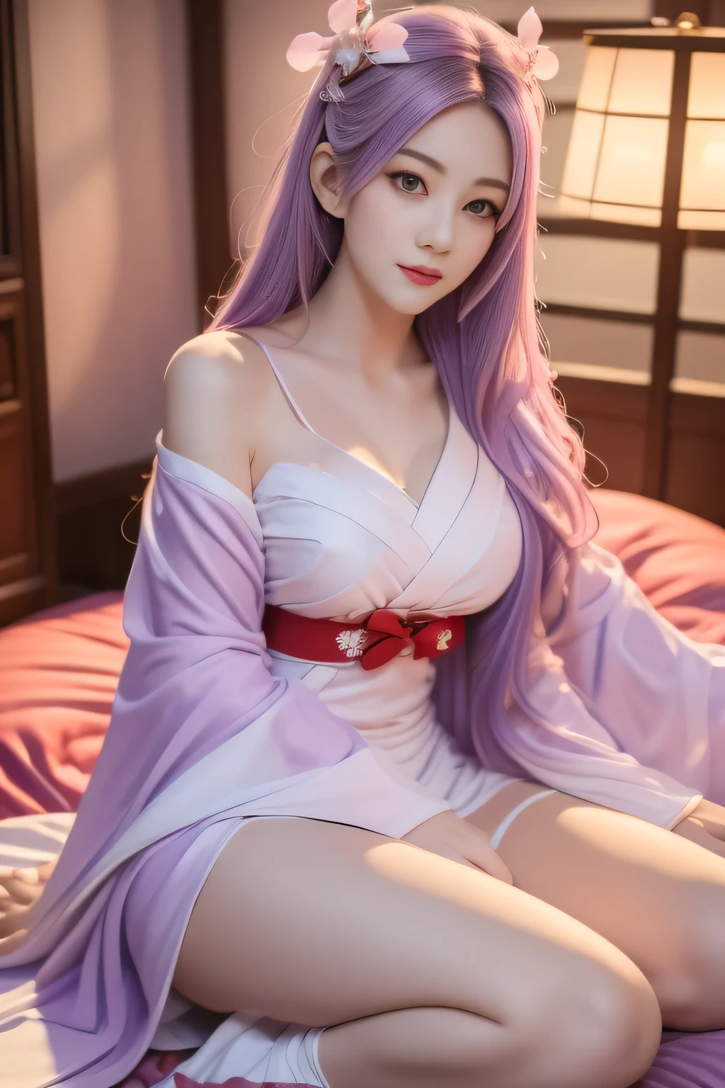 (best quality:1.4), High resolution, masterpiece,, 1 Girl,, light purple hair, Purple Eyes, (Kemomimi), Medium breasts, Bare slender thighs,, Hair accessories, (Red|White Japanese shrine maiden costume), Separate sleeves,, blush,, lantern, shrine,, Delicate face,