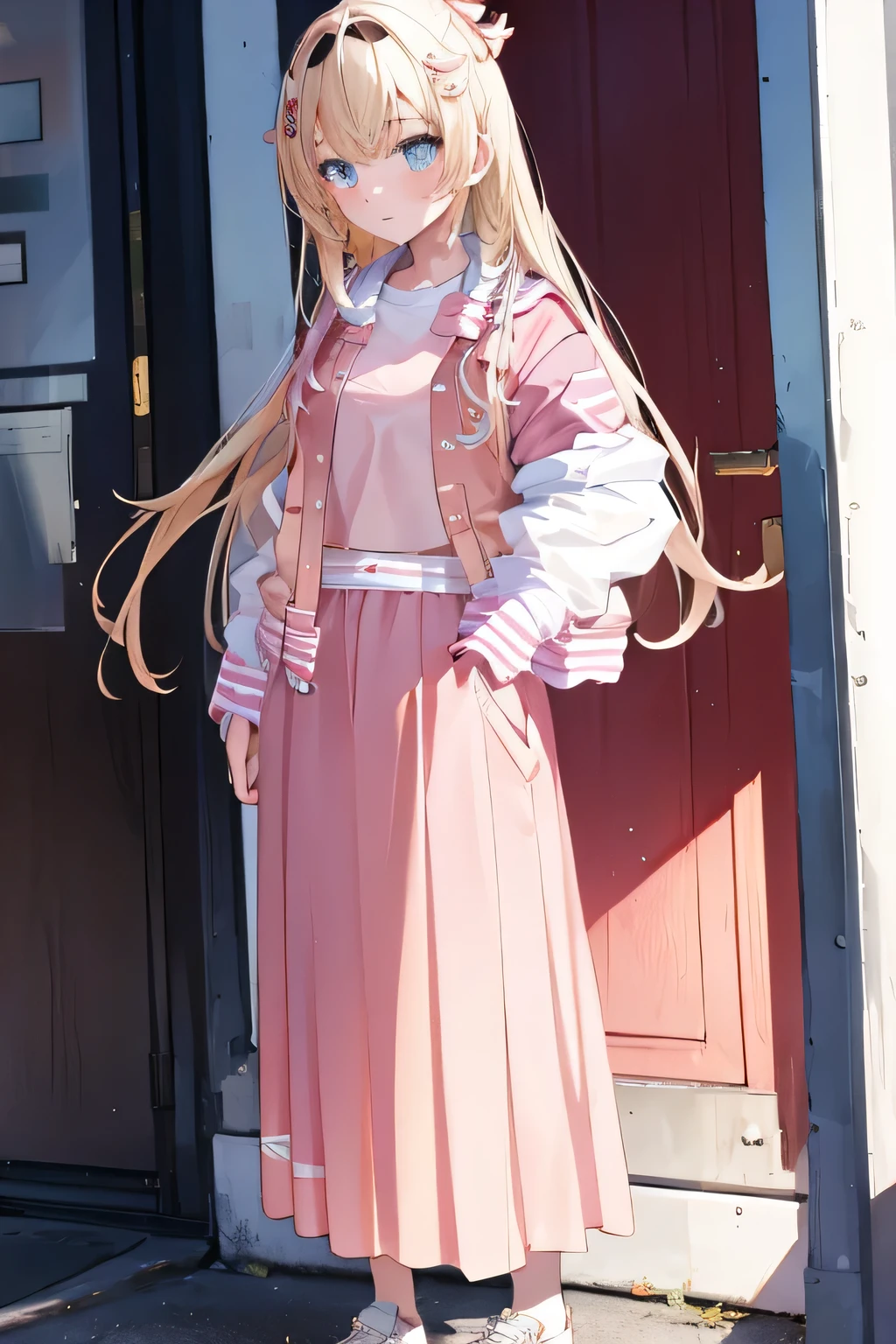 pink letterman jacket, long skirt, full body
