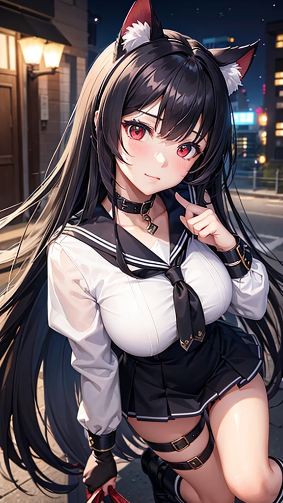 Masterpiece, high quality, ultra quality, best lighting, 1girl, ((tokisaki kurumi)), tokisaki kurumi, long hair, black hair, low twintails, monochrome, ((right red eye:1, left yellow eye:1)), black school uniform, ((black school uniform)), ((big breast)), ((big thigh)), smile, blush, cute face, ((gesugao face)), standing, sexy body, sexy, tattooed full body, looking at viewer, large the breast, nsfw, (((mountain)))