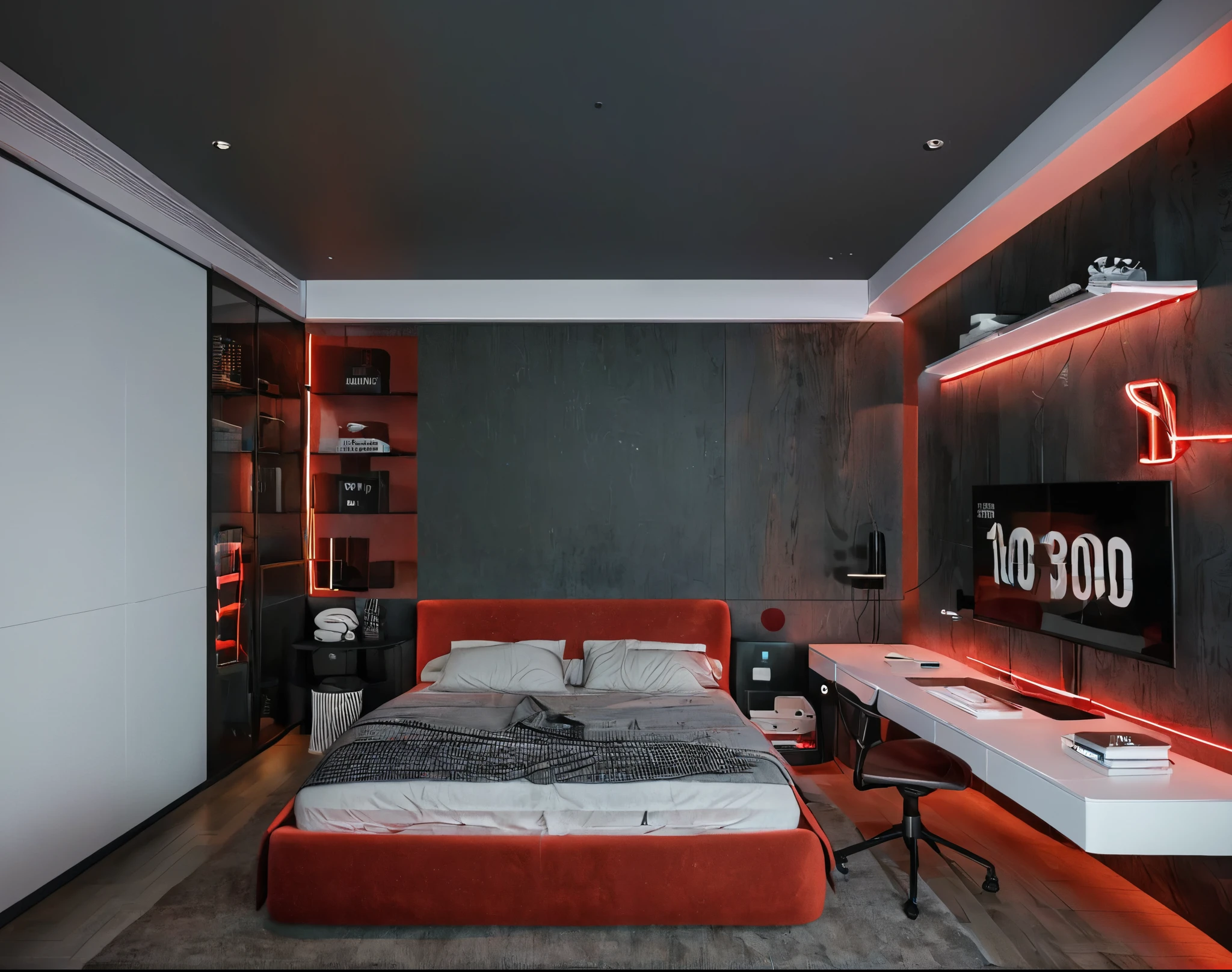 Dark room showing three walls, com uma janela central, na lateral direita um Pc e na lateral esquerda uma cama, a noite, letras neon na parede, led vermelha, tudo vermelho, fantasma, escuro