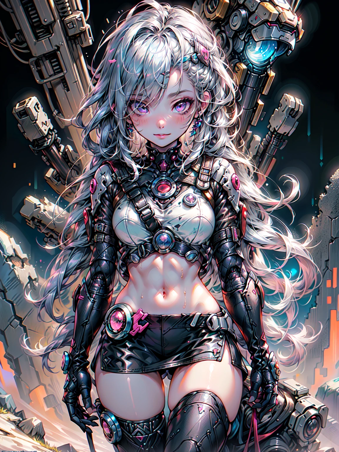 (masterpiece:1.3), (8k、Realistic, RAW Photos, highest quality:1.4), (alone), girl, (((Wash the lamb))), Beautiful Face, 完璧な対称性を持つBeautiful Face., Beautiful Face, (Beautiful long light blue hair:1.4 ), With bangs, Has a visor on his forehead., 美しいPurple eyes, Perfect Anatomy, (Leather with attention to detail: 1.2), Natural Breasts, Beautiful thighs, Natural buttocks, White suit, (mini skirt:1.4) , Open-chested outfit., Clothes that show abs, You can see the stars and planets in space, Standing on the deck of a spaceship, Perfect lighting, alone集中する, Perfect Anatomy,Front view, (Big stone cave background:1.4), ,( Cyberpunk 2.1)、Machine Armor、Organic Armor Cyborg、（Dark Elf), (girl1人), alone, Perfect Face, Get used to it, Ahoge, ((Long Hair:1.2)), (Hair above one eye:1.3), [[Messy Hair]], Shiny blonde white hair, Purple eyes, Variegated eyes, Colorful Hair, Shining Eyes, (eyelash, eye shadow, pink eye shadow), bright, smile, design art by Mikimoto Haruhiko, by Kawashi, by Yoshitaka Amano