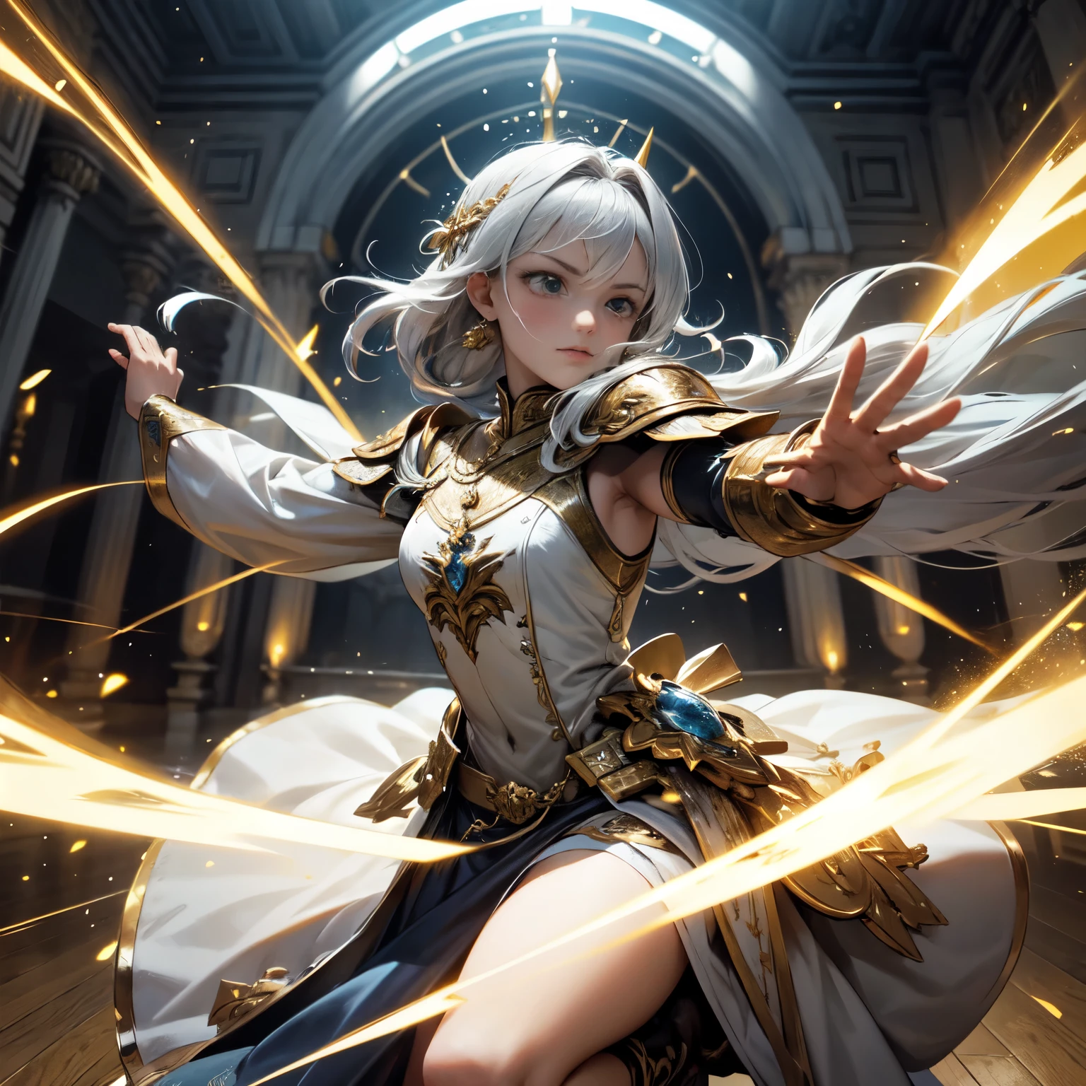 Create an 8K ultra HD digital image of a noble mystical blonde-haired Seraphin warrior, long and braided, vestido com trajes de batalha da realeza, in the castle training hall. O guerreiro tem olhos azuis brilhantes e pele clara. He is dressed in blue velvet armor with silver and gold trim., Adorned with magical jewels that glow softly. Ele usa uma coroa de prata com pedras preciosas, silver bracelets on her wrists and a magical amulet around her neck. In the training hall, o guerreiro empunha a Espada de Zeus. The sword is made of celestial gold and emits golden rays, with divine inscriptions along the blade that shine brightly. The hilt of the sword is adorned with small rays and lightning., simbolizando seu poder supremo. Ele segura a espada em uma pose de combate, pronto para testar suas habilidades, while electric sparks dance around you. The Sword of Zeus is known for its ability to control thunder and lightning, e uma aura de poder divino emana dela. The training hall is spacious, com armas e armaduras dispostas nas paredes. Combat dummies and practice targets are scattered across the wooden floor.. Grandes janelas permitem a entrada de luz natural, criando um ambiente de foco e disciplina. The image must capture the intensity and dedication of the training hall, highlighting the warrior&#39;s interaction with the Sword of Zeus.