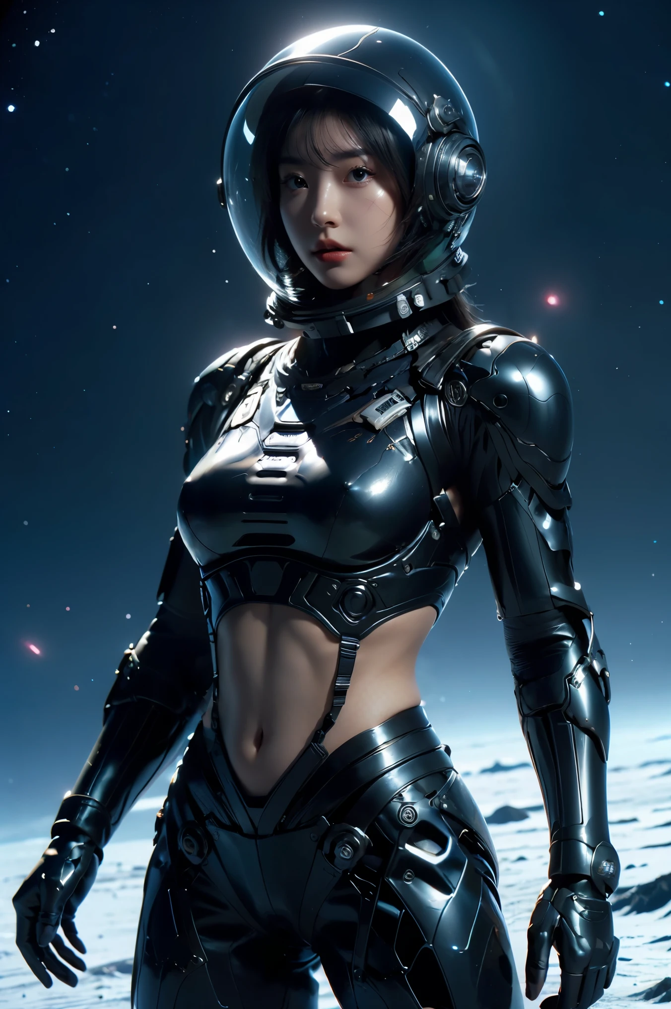 a girl in spacesuit, fully exposed midriff, bare waist,cowboy-shot, in outer space, desolate alien cold planet, Frosted，transparen space-helmet,Transparent full-face helmet ,((bikini top)),((metal Bikini armor)), sexy exposed midriff, full metallic armor, bare midriff and waist, open abdomen, fully exposed abdomen, cowboy-shot, realistic, photorealistic, high quality, 8k, extremely detailed, masterpiece, dynamic pose, dramatic lighting, cinematic, sci-fi, futuristic, vibrant colors