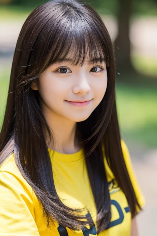1 girl, 17 yo, soft smile, selfie, black long hair,bokeh, pure yellow T-shirt, hair with bangs