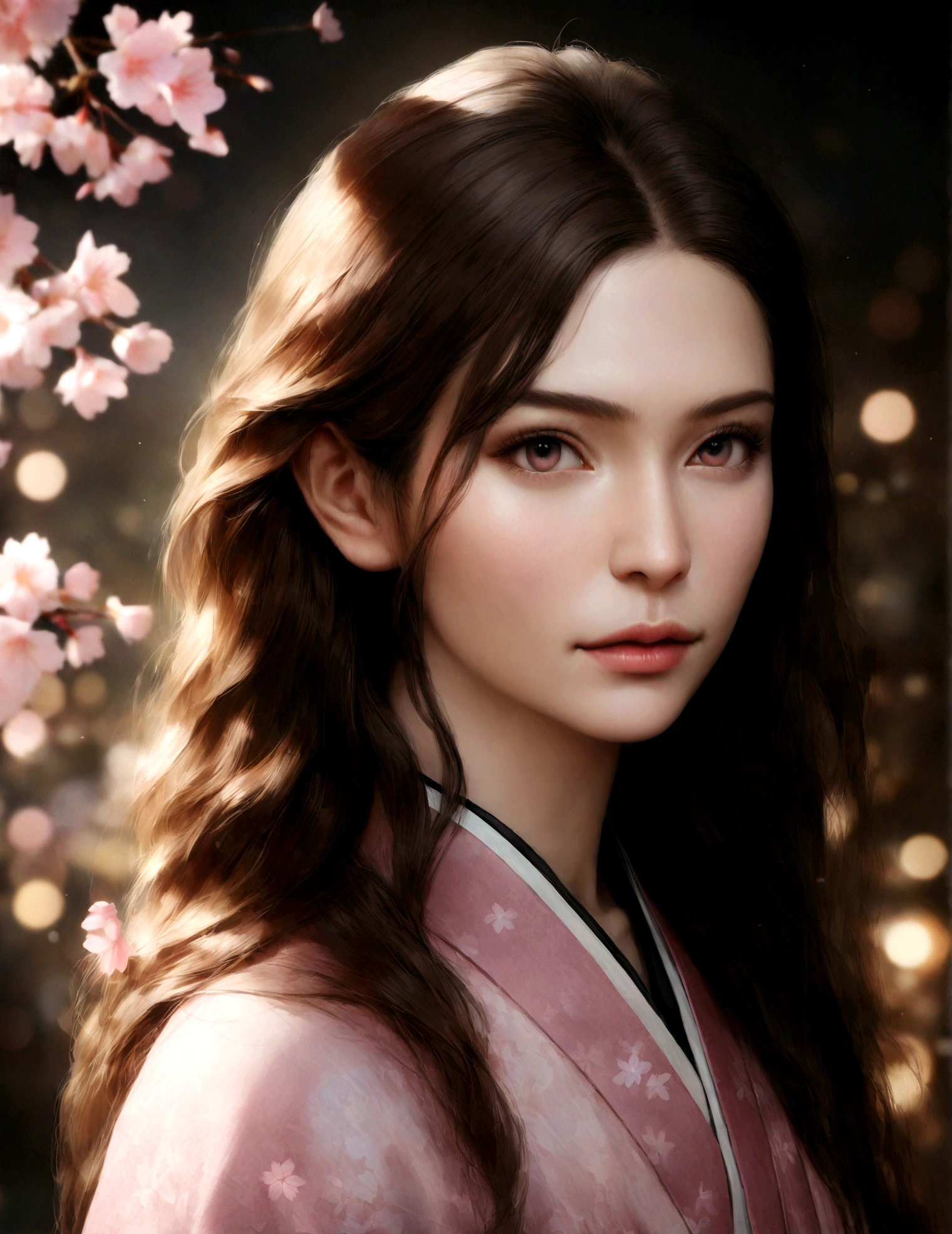 (highest quality:1.4), (Ultra-high resolution:1.2), (Realistic:1.4), (8k, RAW Photos:1.2),(Portrait Shot:1.3), Nowhere._cgm48, One girl, alone, Long Hair, Brown Hair, Bokeh, Depth of written boundary, indoor, kimono, kimono, cherry blossoms, View Viewer,