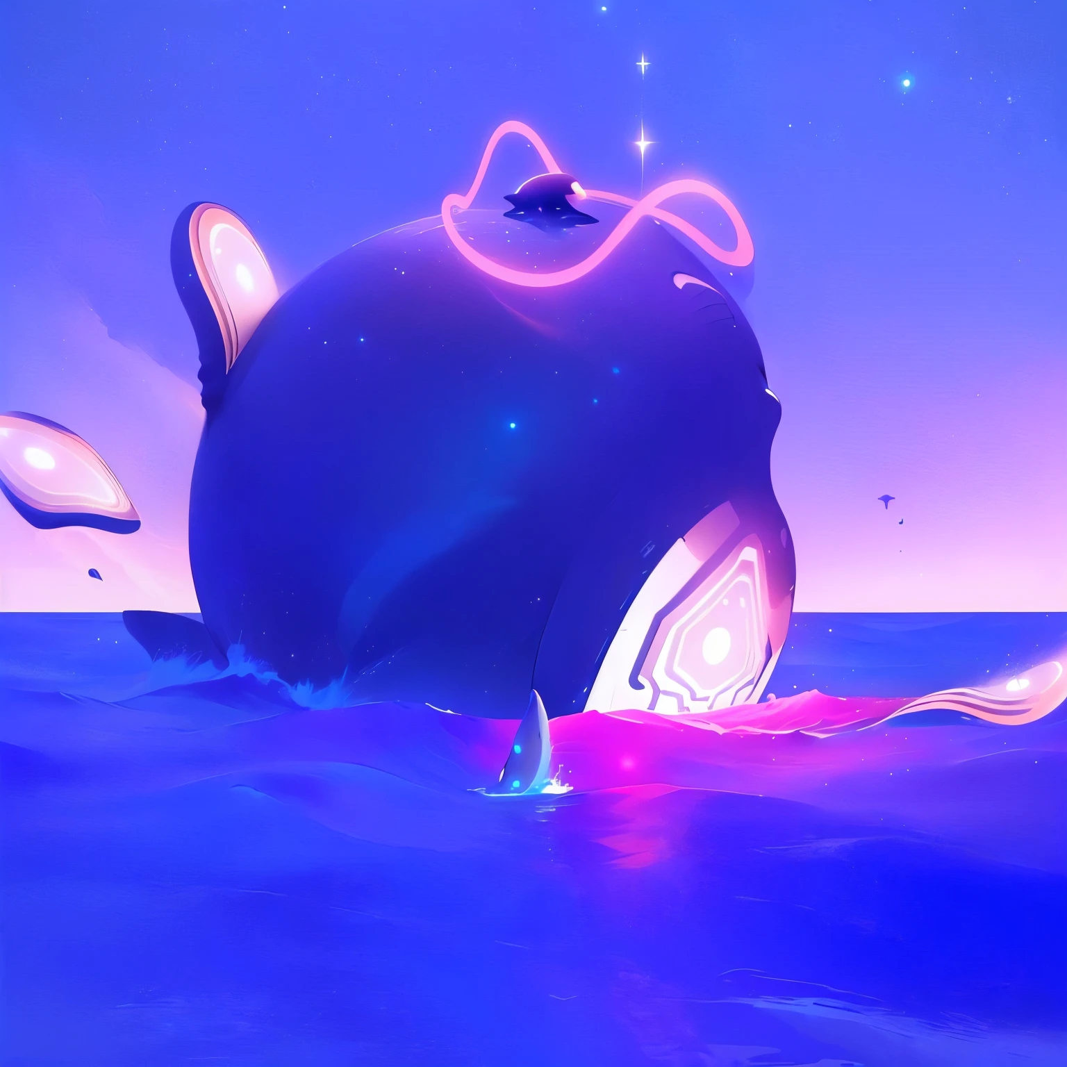 A whale with shining eyes and tail floats in the ocean, Space Magic Whale, Cyril Rolandor style, inspired ByCyril Rolando, space whale, beep daily art, Beeple 和 James Jean, Steamwave surreal ocean, ByCyril Rolando, avoid buzzer, Surreal flat colors