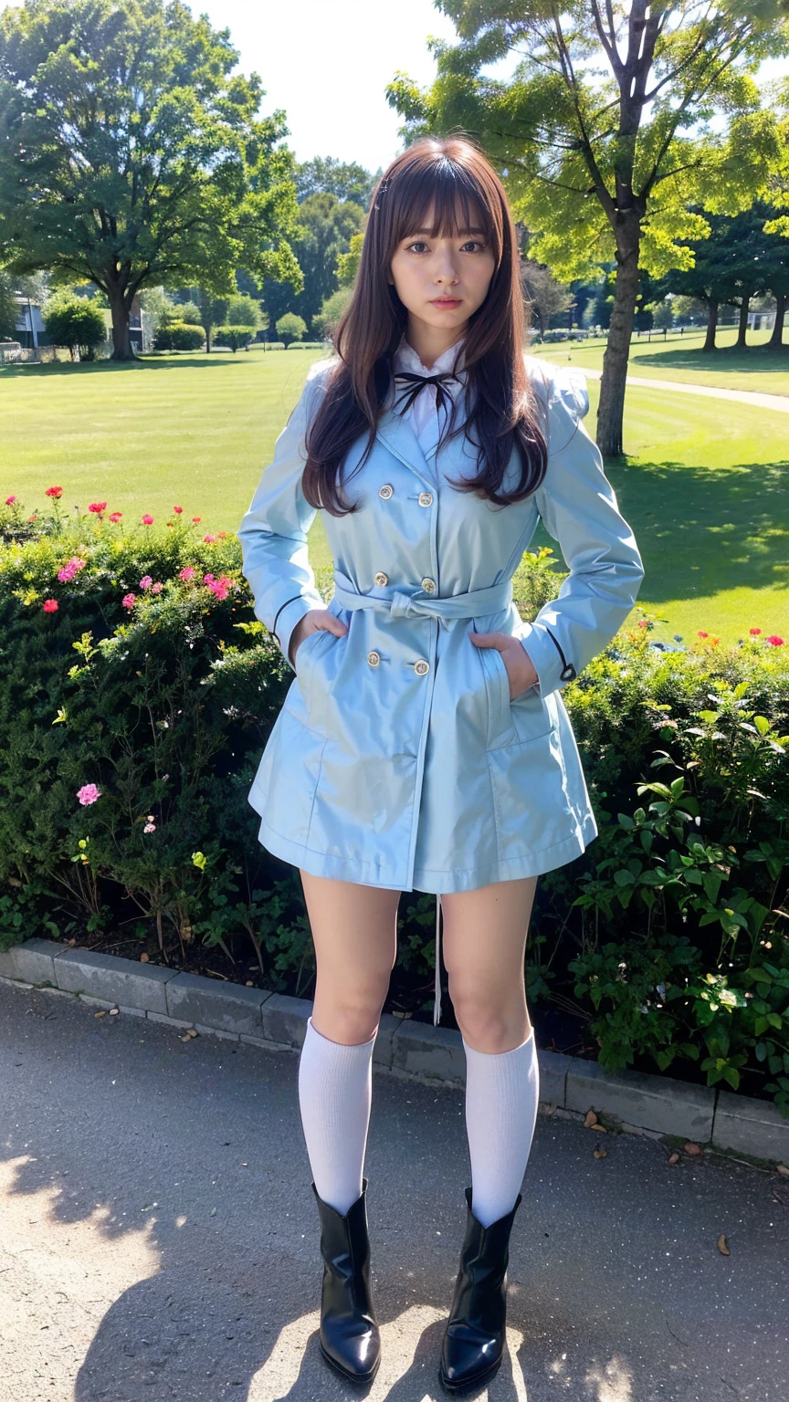 (8k、RAW Photos、highest quality、masterpiece:1.2)、(Realistic、Realistic)、1 girl、((Light blue coat、Black Mini Skirt、Ribbon on chest、Knee socks、、Big Breasts、boots、whole body、garden、View from the front、Looking into the camera、Standing with hands on hips))、