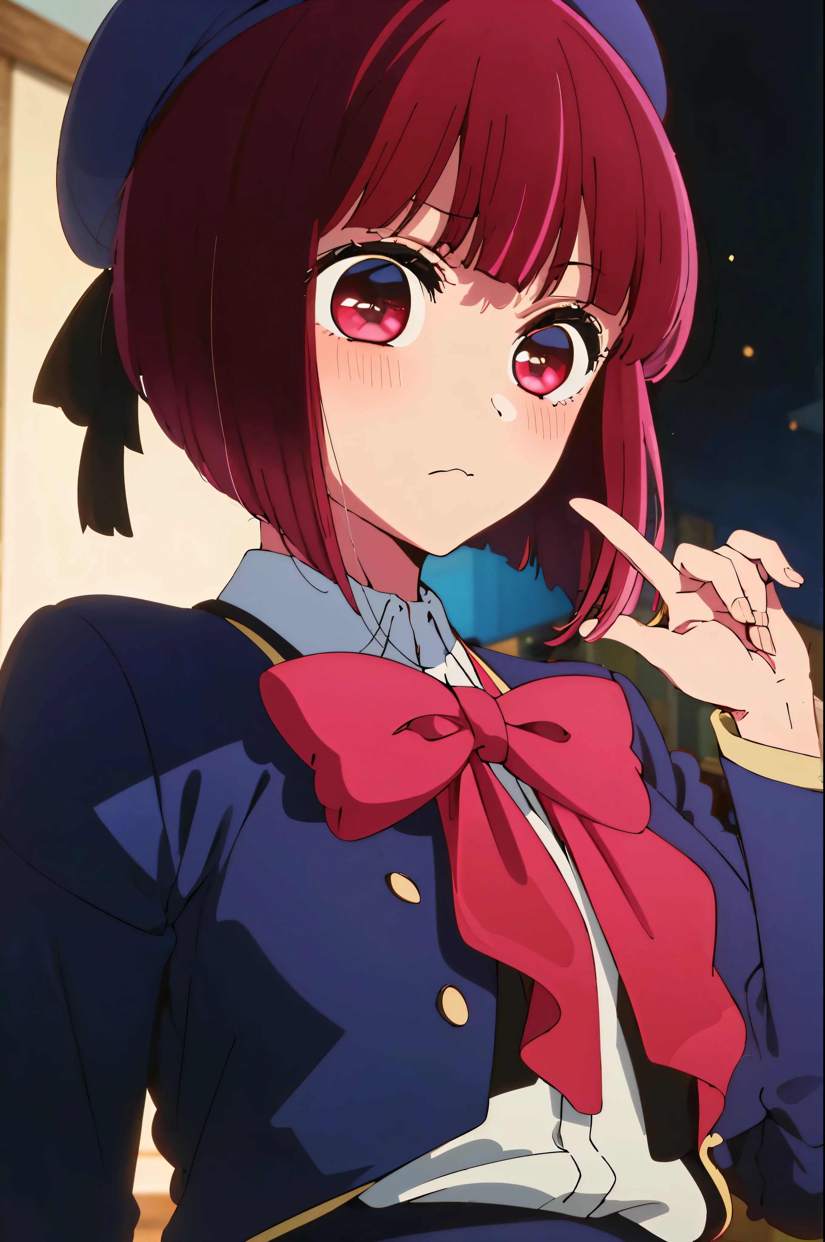 masterpiece, highest quality, ultra high resolution, highest quality, anime style, best writing, beautiful face, masterpiece, very detailed, (1 girl:1.2), redhead, , large red ribbon on the chest, Big eyes、Expressionless、morning, Exterior background,8K, short hair, beret, shining eyes, (Point to yourself:1.3), face focus