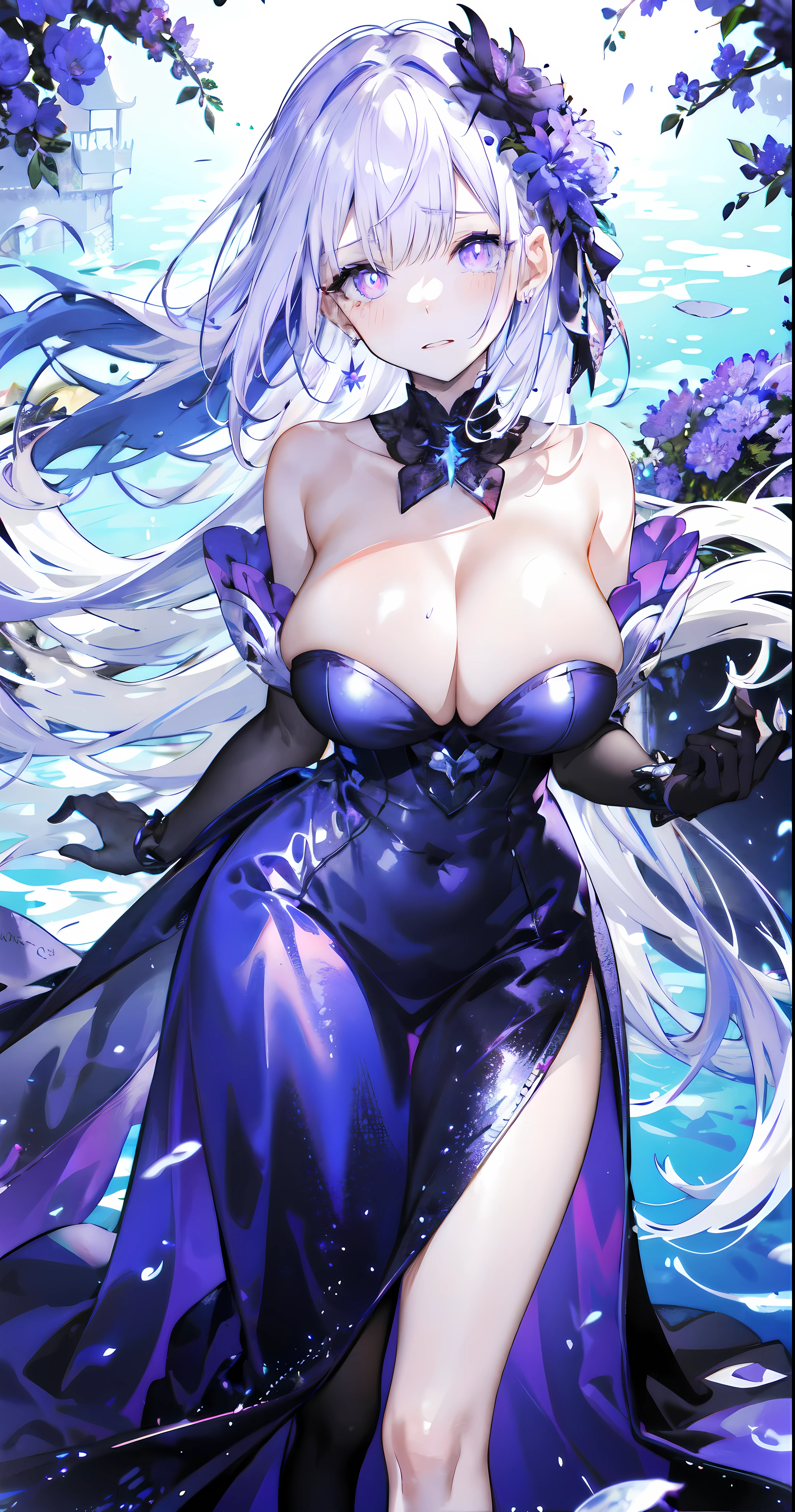 （（masterpiece：1.4，best quality）），（Super detailed），（Extremely detailed eyes），（black leggings，Shiny socks：1.5），Hello Darkness
（Cute girls），15 years old，（Blood-red pupils，Diamond-shaped pupil：1.15），Purple Eyeshadow，（elongated hair，Thick hair，Single ponytail，shiny hair：1.5）（Changes through：1.2），White skin，despair，sad，Empty eyes，tears streaming down my face，tilting its head to the side，kneel
（She wears blue armor，A blue dress，：1.5），（Black gloves：1.4）Very long plush sleeves，White，White Cloud，Dream bubbles ，Ice and glitter effects
（Black long skirt：1.1），
（dawn：1.2），
（Intense black and white：1.16），（Depth of Field：1.4），，Intricate details，(((Castle in the Sky，Standing by the lake，Purple flowers by the lake)))，(((Huge breasts，Bare breasts，Deep cleavage)))