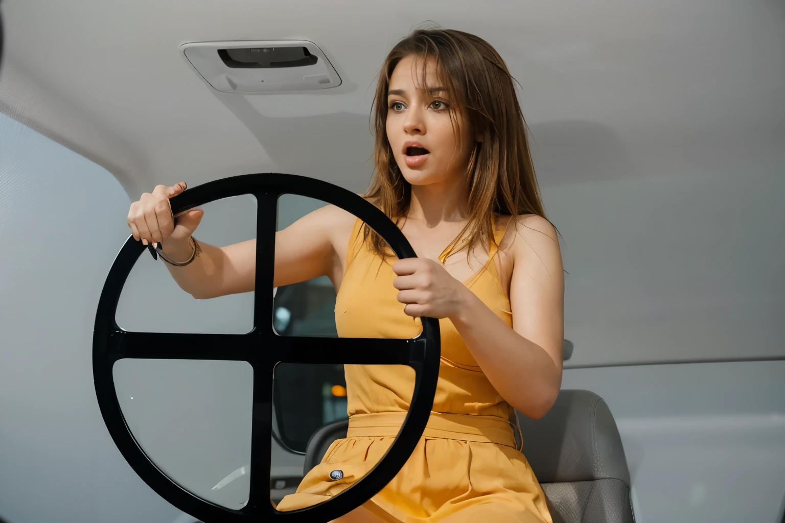 (Best quality, 8k, 32k, Masterpiece, UHD:1.2) Transform the setting of this image to feature April O'Neal from the age Mutant Ninja Turtles driving a car. April should have brown hair and a prettier, engaging appearance with a shocked expression. The environment should focus on the car's interior with detailed elements.
Introduce April O'Neal in the driver's seat, gripping the steering wheel, looking shocked. She should have brown hair and a friendly, attractive appearance. The car interior should be detailed, with elements such as the dashboard, steering wheel, seats, and rearview mirror visible.
Highlight April's expressive face, capturing her surprised or shocked reaction. her mouth is wide open like she's screaming. Eyes wide open, The lighting should be dynamic, with contrasted shadows and highlights that accentuate her features and the details of the car's interior. Utilize ambient lighting from the car’s dashboard lights, streetlights, or passing headlights, casting realistic glows and reflections on April and the car interior, enhancing the overall atmosphere.
Ensure the scene captures the intensity and urgency of the moment, providing a dramatic and engaging backdrop. ((screaming)) ((shock)) ((shock Expression) ((eyes Wide))