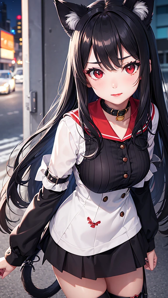 Detailed facial details，1 girl、Cat ear，Black long hair,Red lips，Large Breasts，Wearing a blue striped sailor suit，Short skirt，White over the knee boots，Charming red eyes, Shy expression，Slim，Handcuffs，Collar，Radiant Skin，Facial details are very detailed, walk，nighttime city