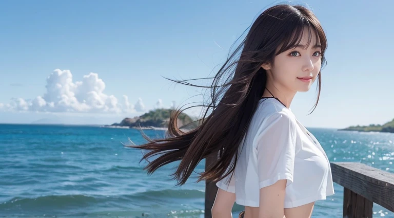 8K、Detailed Description、Very high definition、Realistic、reality的、Real、live-action、reality、High resolution、Nogizaka46、japanese idol,beautiful girl、21 years old、Dark brown eyes、sunny、summer、blue sky、View of the sea、Are standing、Back view、look back、smile,closed mouth,cropped shirt,pleated skirt,forehead,silky hair,Straight Hair、light smile,closed mouth,arm behind back,Knee-up-top angle of view、Back view、look back、Very black hair、pretty girl、Beauty、Glowing Skin、Glowing Skin、Shiny Hair、Hair blowing in the wind、Very white skin、Heavy makeup、Large Breasts、Slit eyes、Big Eyes、Dark brown eyes、Double eyelids、Don't show your teeth、Parting her bangs、Show your forehead、Put your hands behind your back