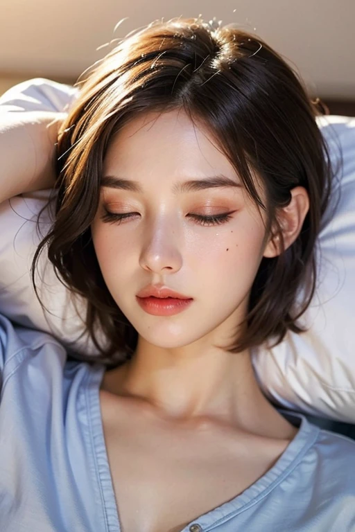 One girl, Small breasts,, (8k, RAW Photos, highest quality, masterpiece:1.2),(Realistic, photo-Realistic:1.37),Very delicate and beautiful,8k,In detail,Beautiful fine details,highest quality,Ultra-high resolution,((Very detailed)),(photo-Realistic:1.37),(((short hair)))、right eye:((Mole on outer corner of eye))、((Narrow waist))、(slender)、(bed)、((double eyelid))、((Are sleeping))、((Tear bags))、((Eyes closed))、((pajamas)'