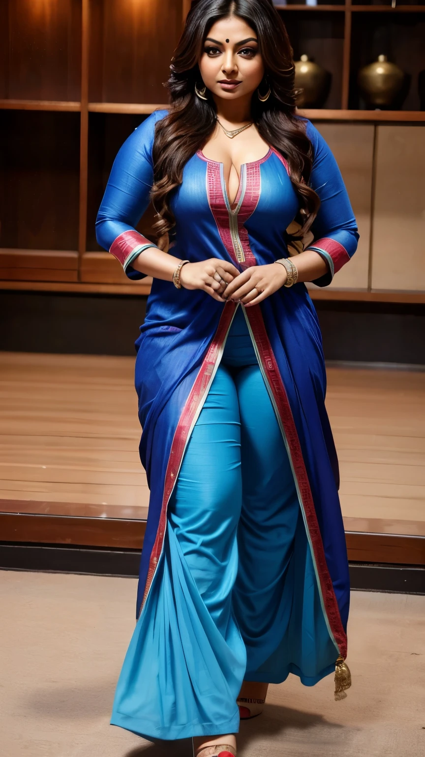Neeru bajwa with big boob's wearing blue salwar kurti and tight red leggings with high heels.