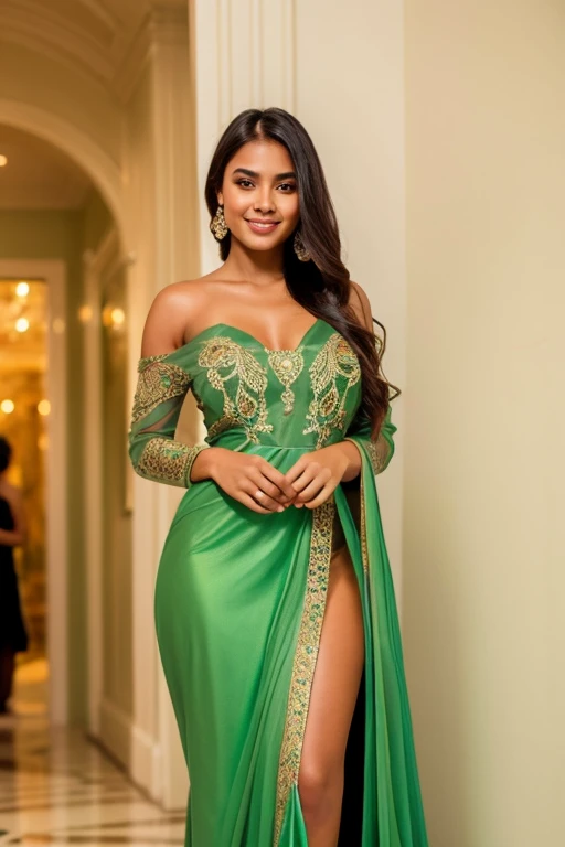 Beautiful indigenous girl with beautiful toned and detailed body wearing opaque colored gala dress at an art gala and smiling sexy