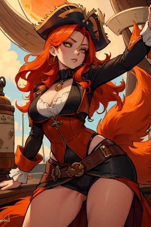 A orange haired fox woman with copper eyes and an hourglass figure and orange fox ears and an orange foxy tail in a pirate outfit is leaning back in a captain
