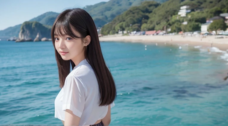 8K、Detailed Description、Very high definition、Realistic、reality的、Real、live-action、reality、High resolution、Nogizaka46、japanese idol,beautiful girl、21 years old、Dark brown eyes、sunny、summer、blue sky、View of the sea、Are standing、Back view、look back、smile,closed mouth,cropped shirt,pleated skirt,forehead,silky hair,Straight Hair、light smile,closed mouth,arm behind back,Knee-up-top angle of view、Back view、look back、Very black hair、pretty girl、Beauty、Glowing Skin、Glowing Skin、Shiny Hair、Hair blowing in the wind、Very white skin、Heavy makeup、Large Breasts、Slit eyes、Big Eyes、Dark brown eyes、Double eyelids、Don't show your teeth、Parting her bangs、Show your forehead、Put your hands behind your back