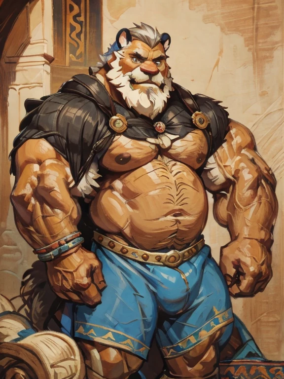 A burly, virile, and hairy dwarf, exuding the irresistible charm of a himbo muscle daddy. His middle-aged features, adorned by a long, bushy beard and a thick mustache, reveal a life of experience and adventure. His body, sculpted into a warrior's build and a bodybuilder's physique, is a testament to his unyielding dedication to physical fitness. The hair on his chest and belly forms a carpet of thick fur, while his hairy arms and legs are adorned with a natural, untamed layer of hirsute. Every muscle on his overmuscular and musclebound frame is defined and bulging, veins pulsing beneath the surface, hinting at his incredible strength. Despite his advanced age, his grey hair only adds to his handsome and dreamy appearance.