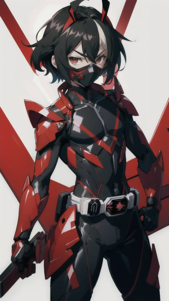 Kamen Rider、male people、Symphogear、
Black undersuit、eyemask, red armor、Muffler white
Red compound eyes　a belt