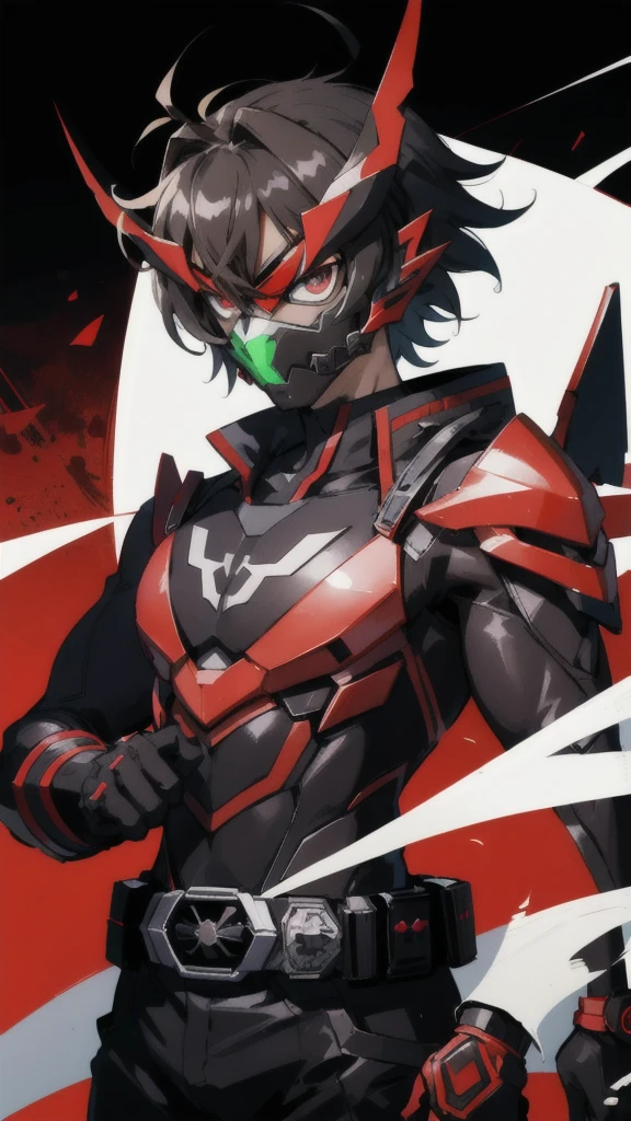 Kamen Rider、male people、Symphogear、
Black undersuit、eyemask, red armor、Muffler white
Red compound eyes a belt