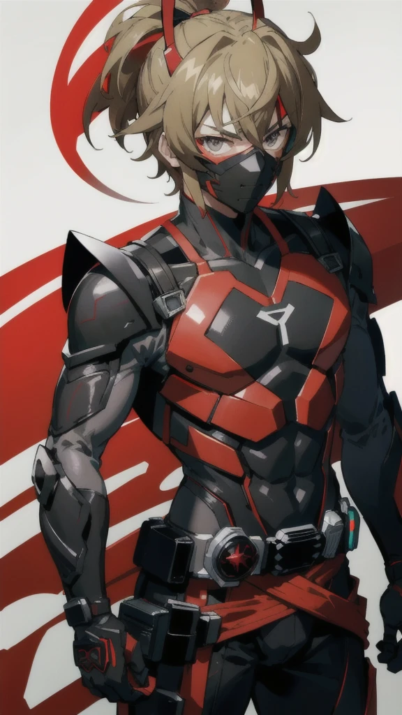 Kamen Rider、male people、Symphogear、
Black undersuit、eyemask, red armor、Muffler white
Red compound eyes a belt