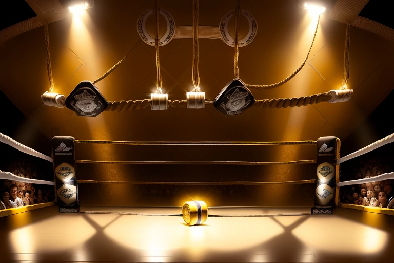 boxe ring with lights and ropes, boxe ring sol blanc coin jaune et sol blanc sol, fond d&#39;  Boardwalk Hall Atlantic City, Ring de boxe avec le sol blanc et les coins jaune, scene background  Boardwalk Hall d'Atlantic City, toile de fond  Boardwalk Hall Atlantic City,  Boardwalk Hall  in a boxe ring,  boxe, boxe match, scene,  projecteur, barre d&#39;arrière-plan Boardwalk Hall Atlantic City, spot et projecteur au plafond comme   fond dramatique, atmospheric perspective, glowing light, 8k, super detail, best quality, masterpiece