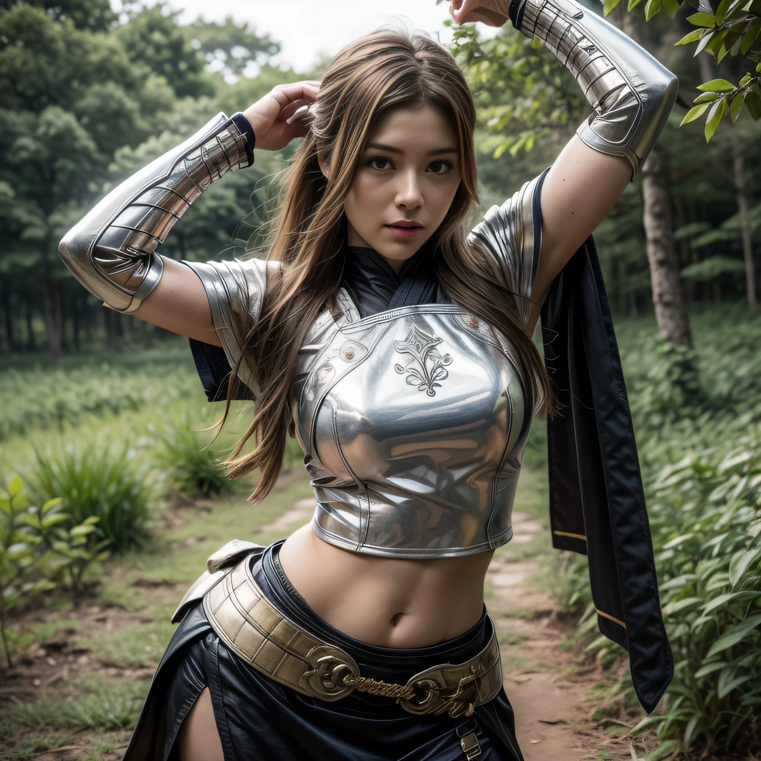 photorealistic, masterpiece, photorealistic, high resolution, soft light, hips up,arms up, blue eyes, ginger hair, long hair, Intricate details EABA, cloaks, Ninja Swords, Shinobi Ninja, Engraved Emble-Armor, warrior, samurai helmet, Kushina Uzumaki, Konoha forest