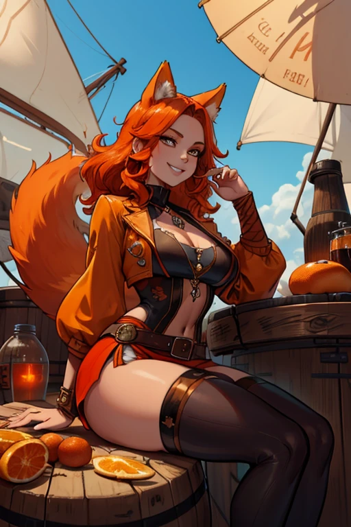 A orange haired fox woman with copper eyes and an hourglass figure and orange fox ears and an orange foxy tail in a pirate outfit is sitting on a barrel on a pirate ship with a big smile