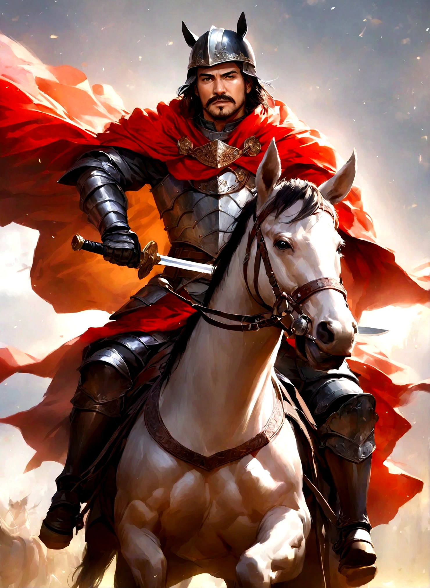 solo, black hair, 1boy, helmet, holding, weapon, male focus, sword, cape, armor, facial hair, beard, realistic, mustache, riding, horse, horseback riding