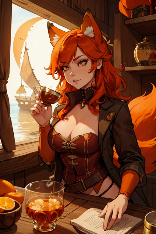 A orange haired fox woman with copper eyes and an hourglass figure and orange fox ears and an orange foxy tail in a pirate outfit is drinking tea in the captain's cabin of a pirate ship
