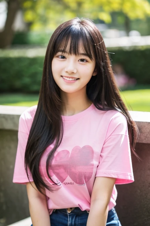 1 girl, 17 yo, soft smile, selfie, black long hair,bokeh, pure pink T-shirt, hair with bangs