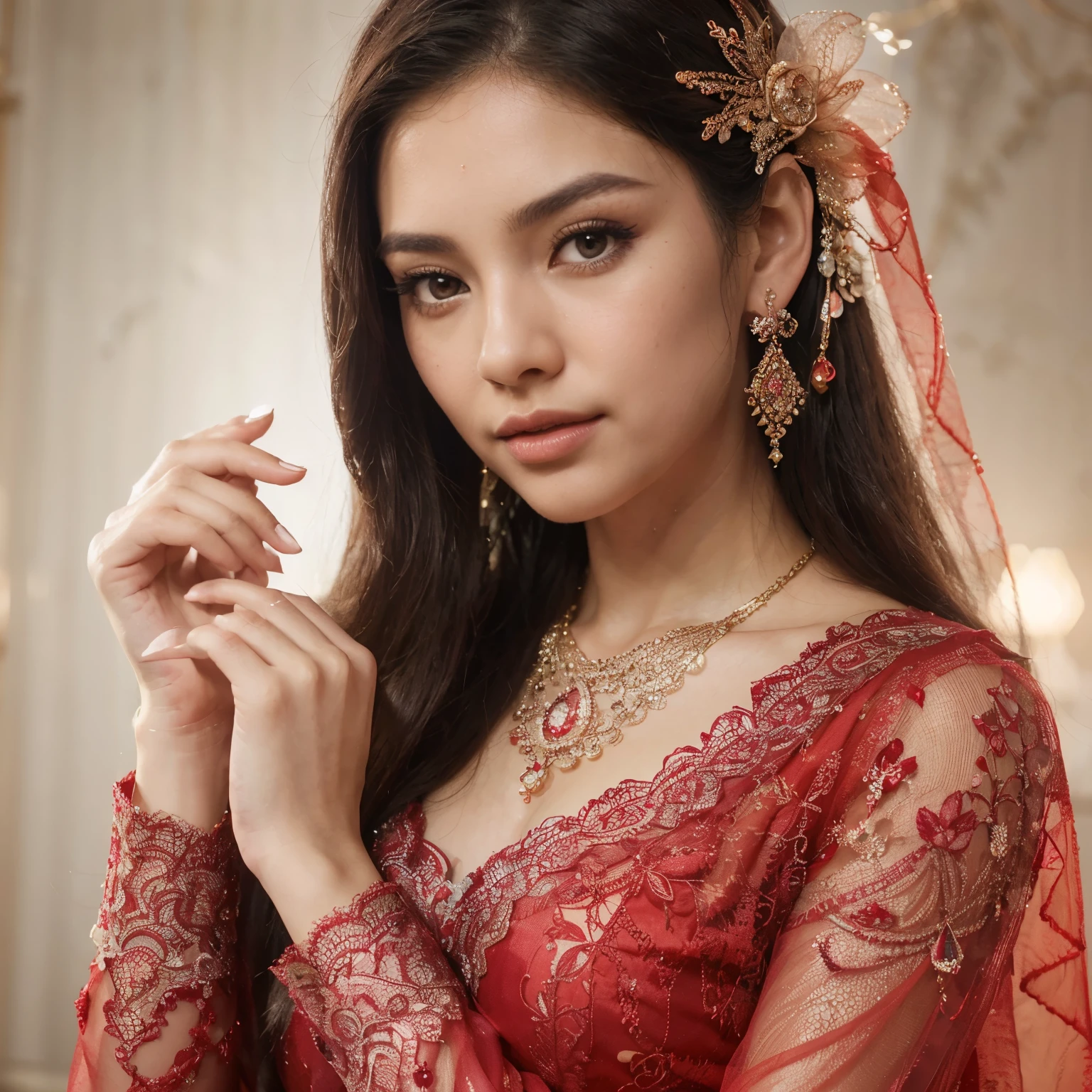 A beautiful Javanese girl, long straight dark hair, wearing a red transparent lace dress, necklace, bracelet and earrings, red brooch in her head with flowing red shawl, intricate lace details, (best quality,4k,8k,highres,masterpiece:1.2),ultra-detailed,(realistic,photorealistic,photo-realistic:1.37),vivid colors,delicate skin,beautiful detailed eyes,beautiful detailed lips,extremely detailed face,longeyelashes,elegant pose,dramatic lighting,ornate background,ethereal,cinematic,dramatic