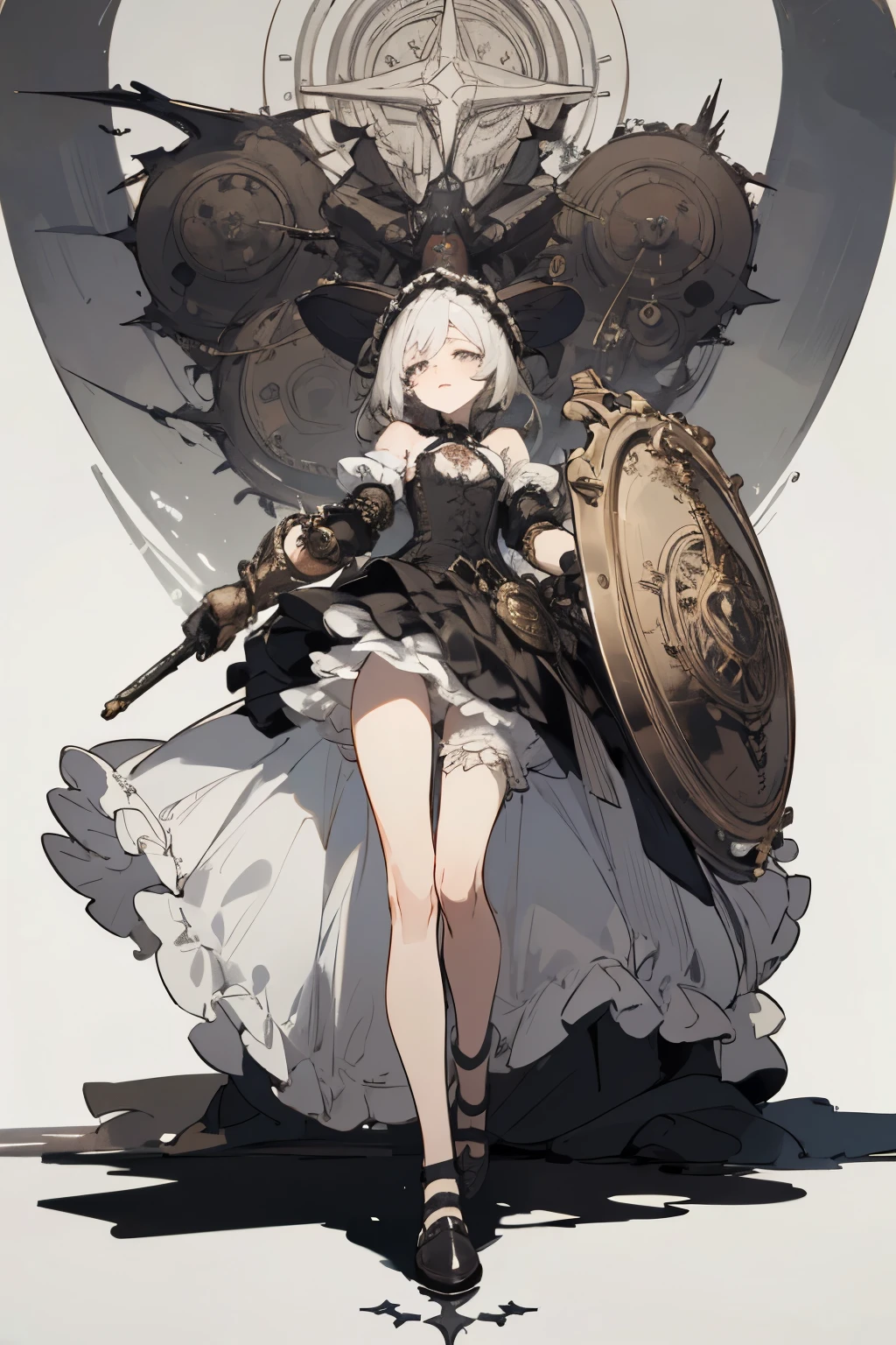 ((best quality)), ((masterpiece)), (detailed), perfect face ((best quality)), ((masterpiece)), (detailed), blank white background, plain background, white background, Bloodborne inspired, occult aesthetic, occult, detailed and intricate steampunk and detailed gothic, (zentangle, mandala, tangle, entangle), NSFW, torn clothing, Very dramatic and cinematic lighting, cosmic horror, grim-dark, side-lighting, perfect face, a beautiful goddess adorned and enshrined in armour, Bloodborne inspired , occult aesthetic , occult , detailed and intricate steampunk and detailed gothic , wielding a sword and holding a shield, NSFW, Fluttering lace flared short dress with frilly petticoats, knee length dress, pleated petticoats, lolita dress, petticoats gothic lolita, side-lighting, gothic lolita aesthetic, beautiful small breasts, small breasts, full body, whole body, body, plain background, white background, blank background, no background, white background NSFW, full body, whole body, head-to-toe