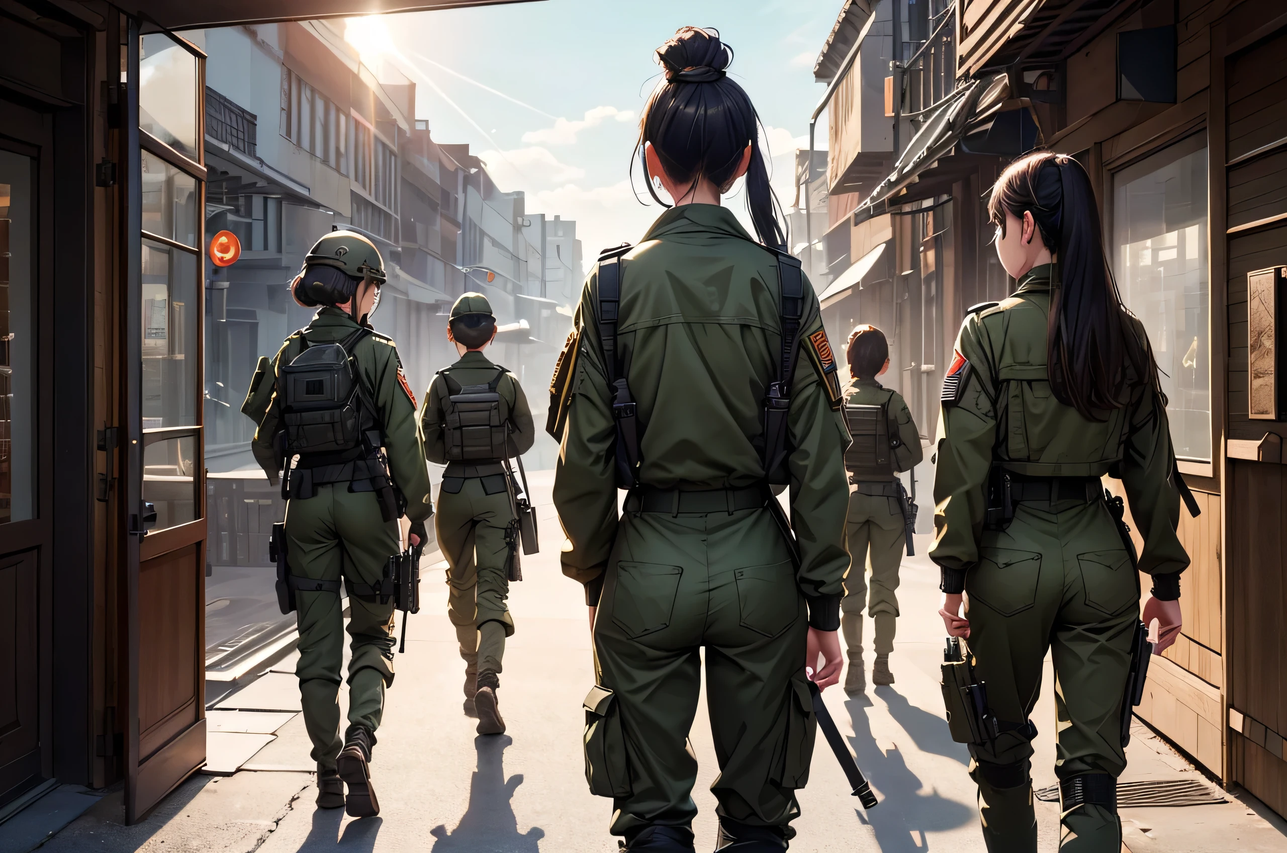 From the back（1.1）、look back、Four female soldiers standing side by side、back、All wear helmets、M.51 Military Jacket、military trousers、Narrow corridors、Write details、masterpiece、best quality、Highly detailed CG、8K picture quality、theater lighting、lens flare
